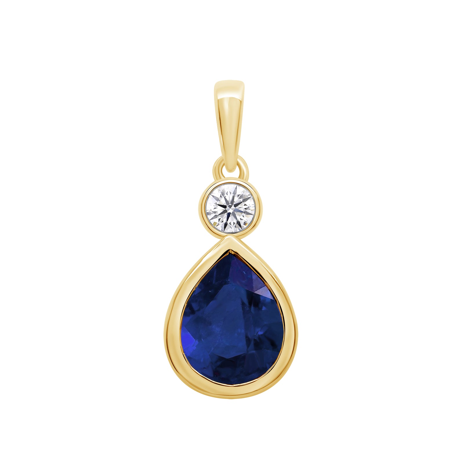 9ct gold Lab Created Sapphire 9x7mm pear & E/VS Diamonds rub over pendant 0.11cts LG