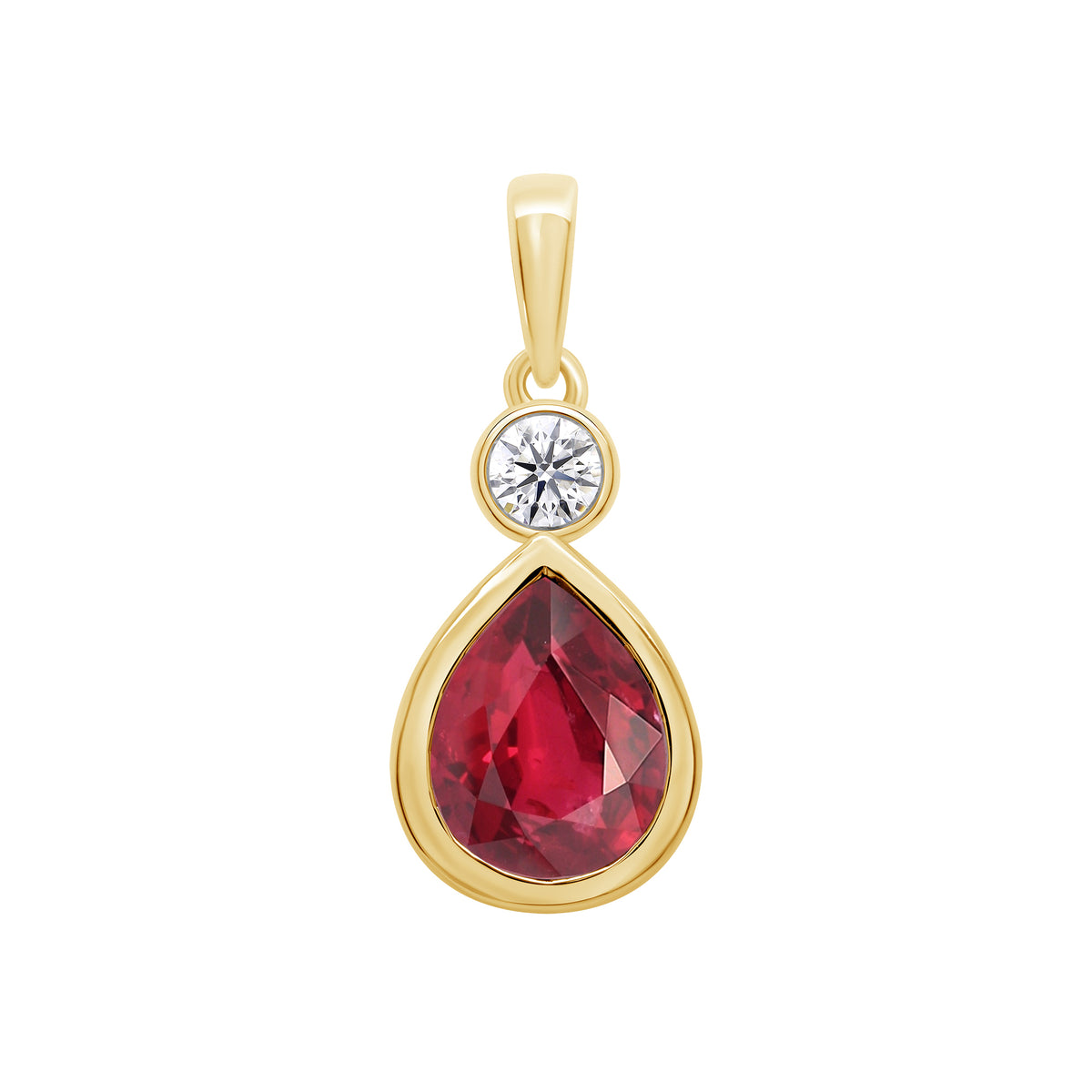 9ct gold Lab Created Ruby 9x7mm pear &amp; E/VS Diamonds rub over pendant 0.11cts LG