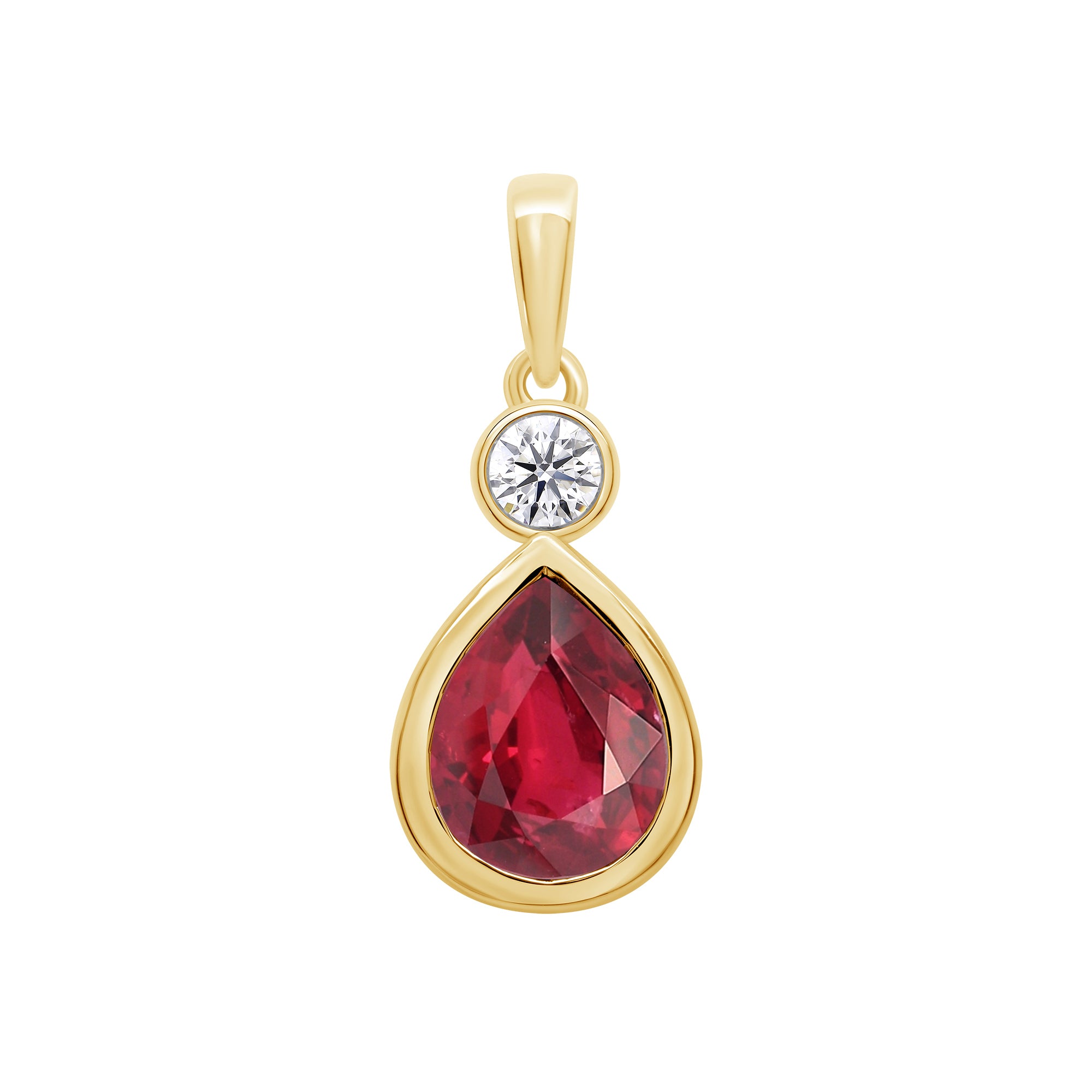 9ct gold Lab Created Ruby 9x7mm pear & E/VS Diamonds rub over pendant 0.11cts LG
