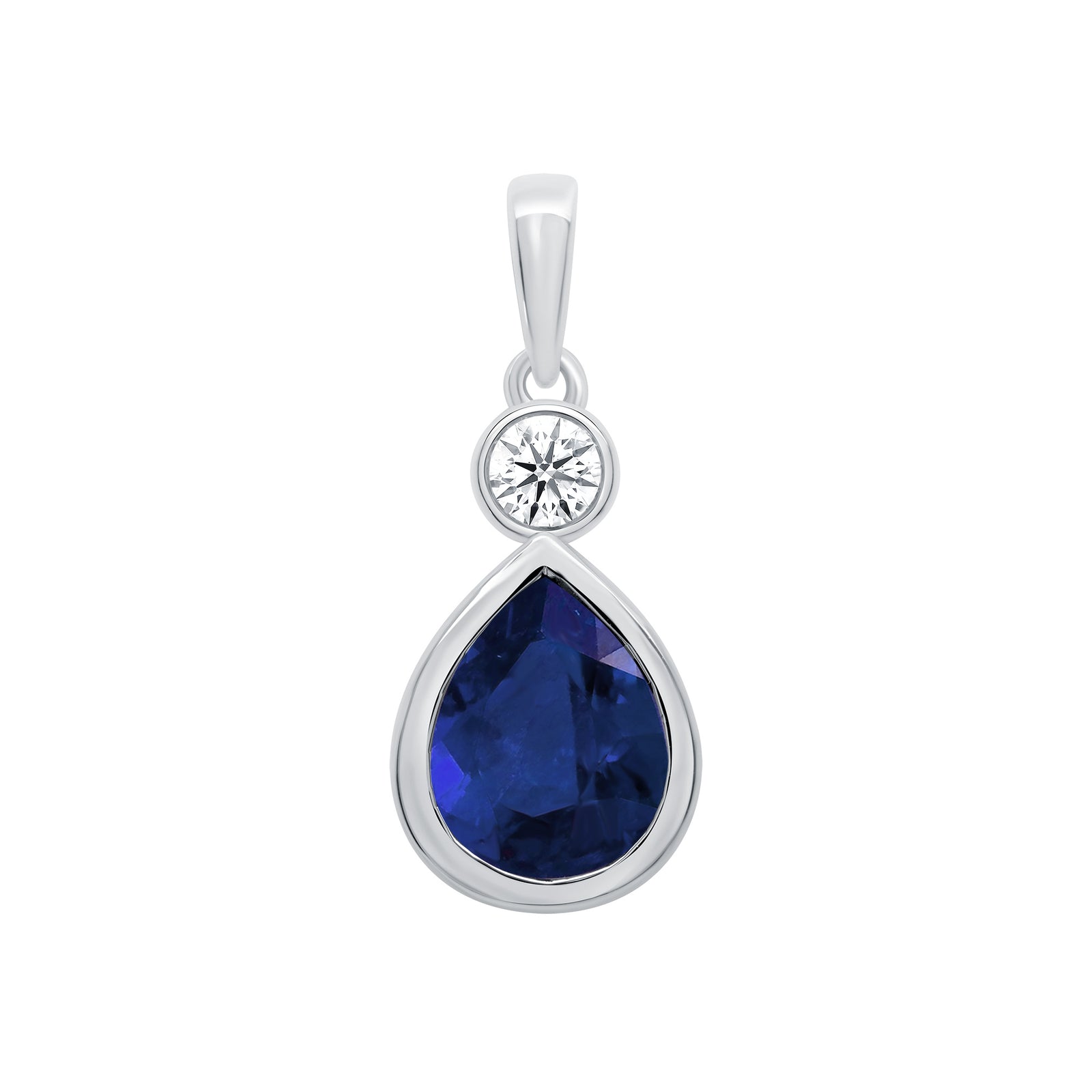9ct white gold Lab Created Sapphire 9x7mm pear & E/VS Diamonds rub over pendant 0.11cts LG