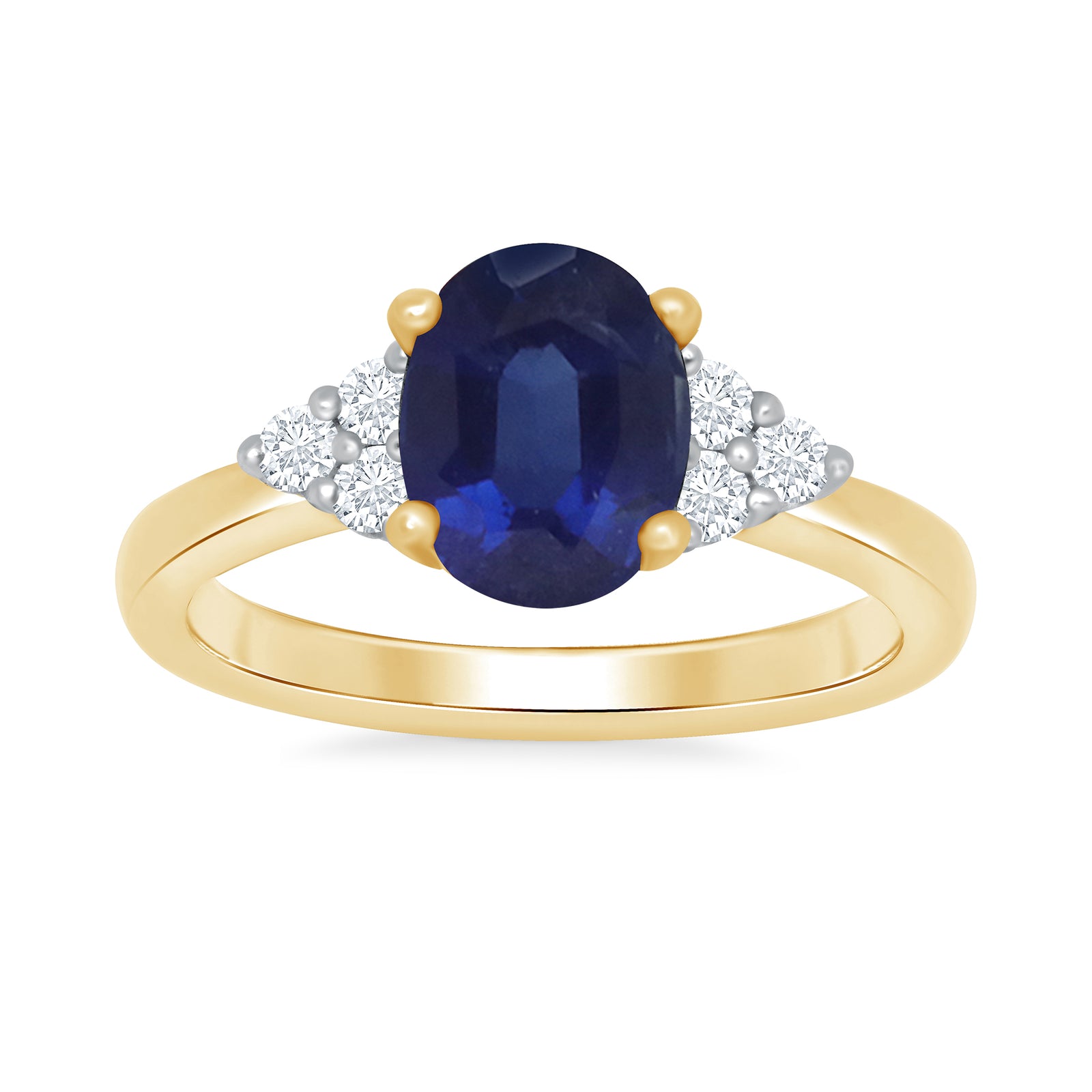 9ct gold 9x7 oval lab created sapphire & 3 E/VS diamonds each side ring 0.15cts LG