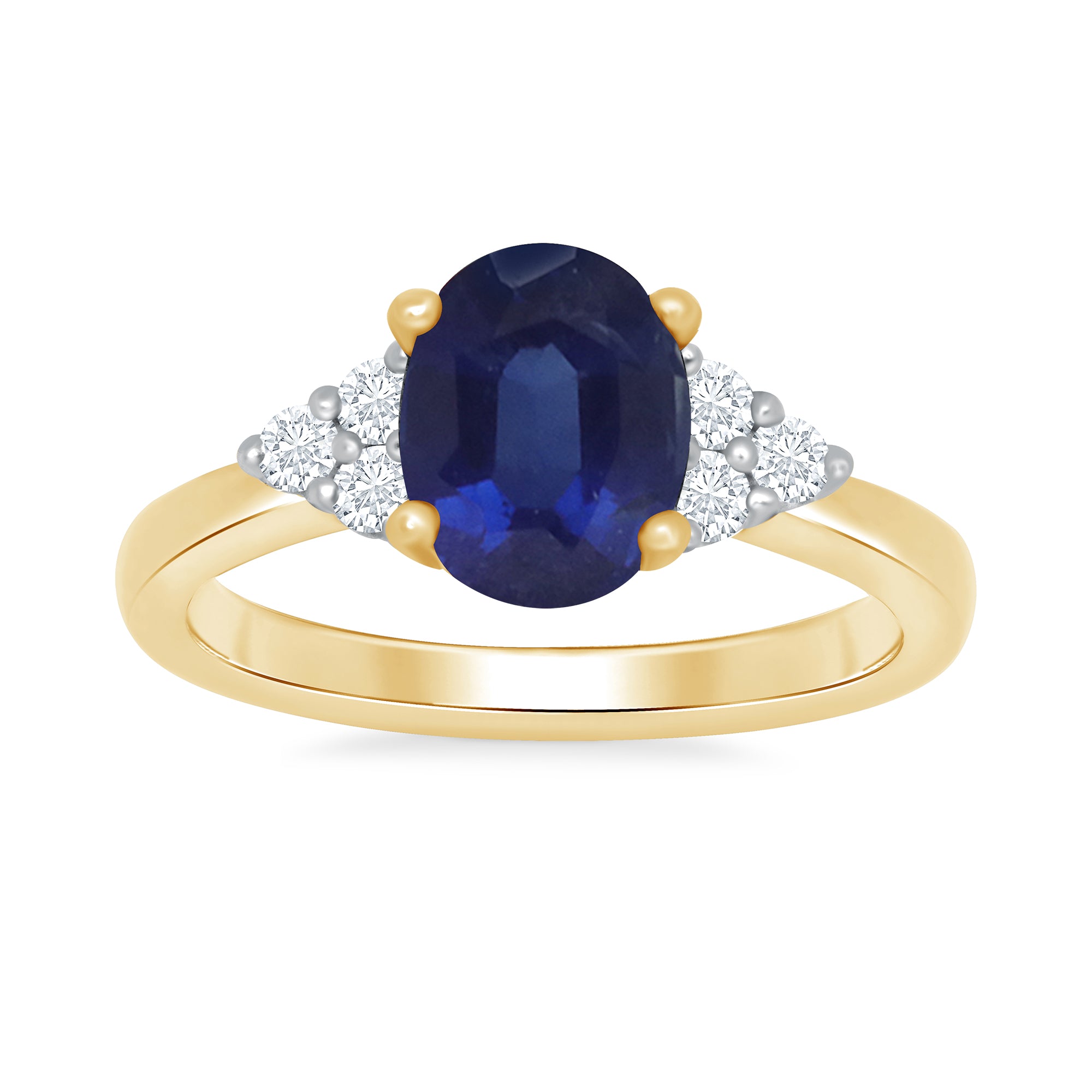 9ct gold 9x7 oval lab created sapphire & 3 E/VS diamonds each side ring 0.15cts LG