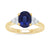9ct gold 9x7 oval lab created sapphire & 3 E/VS diamonds each side ring 0.15cts LG