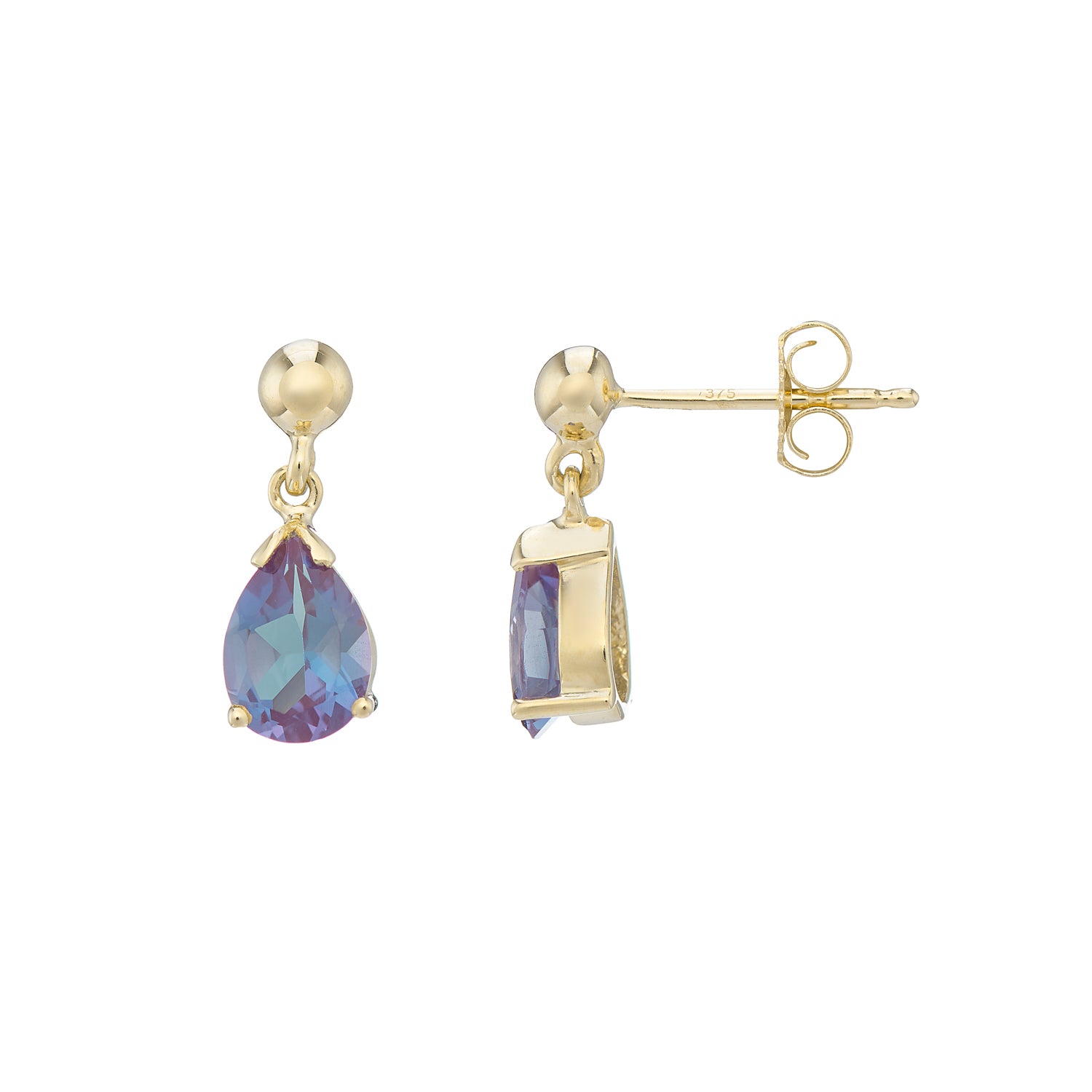 9ct gold Lab Created Alexandrite 7x5mm pear drop earrings