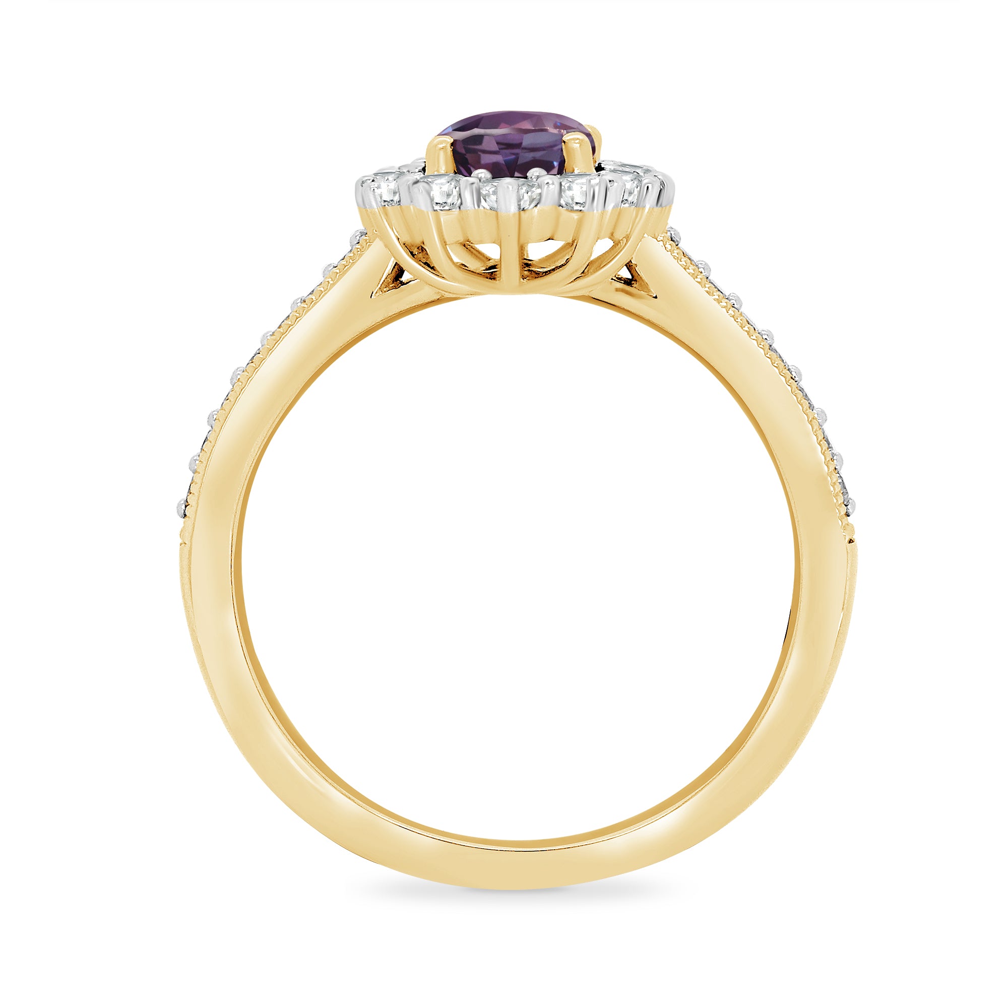 9ct gold 7x5 oval lab created alexandrite & E/VS diamond shoulders cluster ring 0.50cts LG