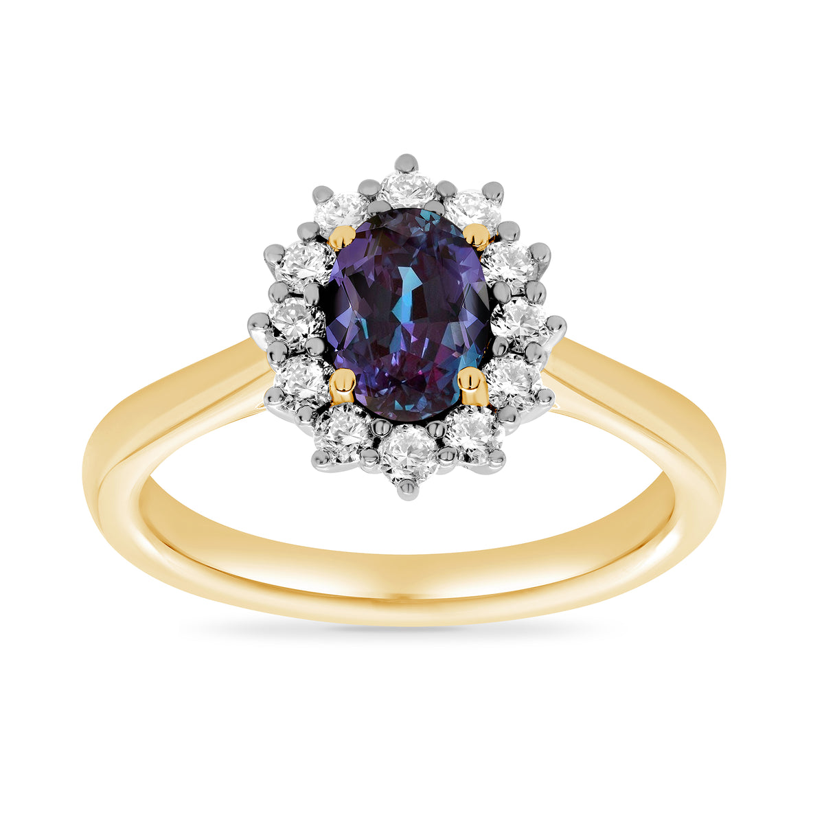 9ct gold 7x5 oval lab created alexandrite &amp; E/VS diamond cluster ring 0.33cts LG