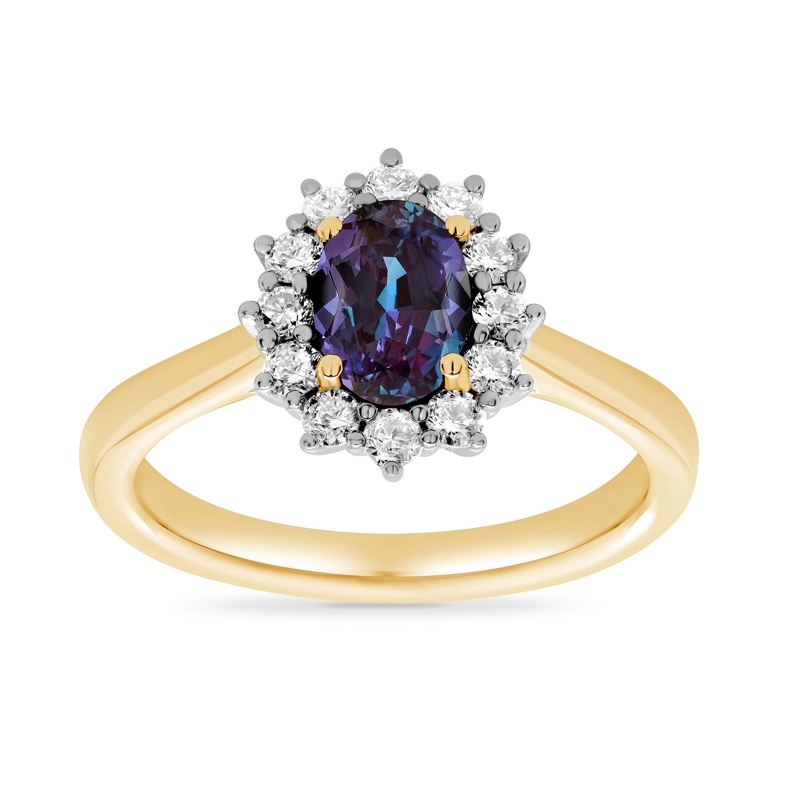 9ct gold 7x5 oval lab created alexandrite & E/VS diamond cluster ring 0.33cts LG