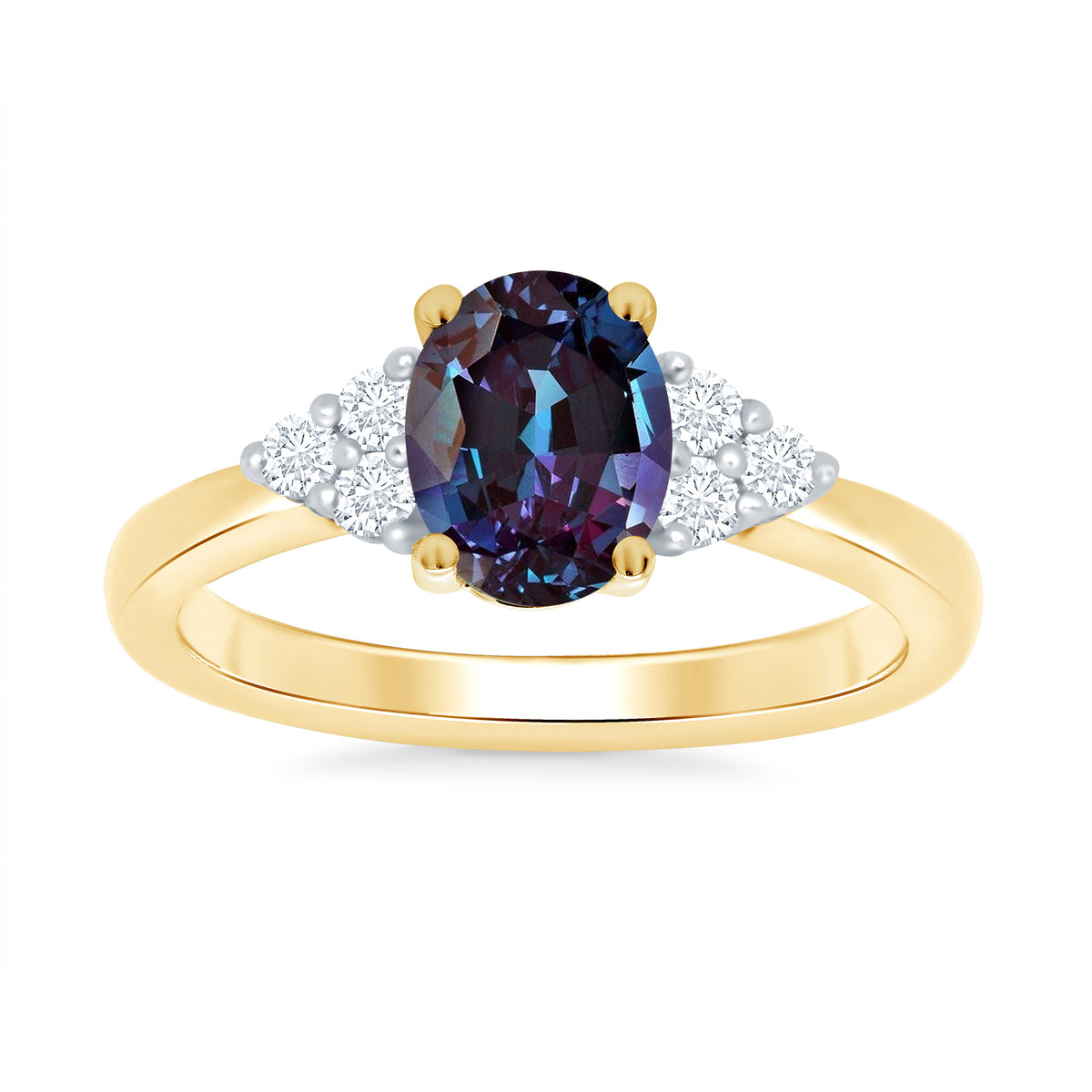 9ct gold 8x6 oval lab created alexandrite &amp; 3 E/VS diamonds each side ring 0.15cts LG