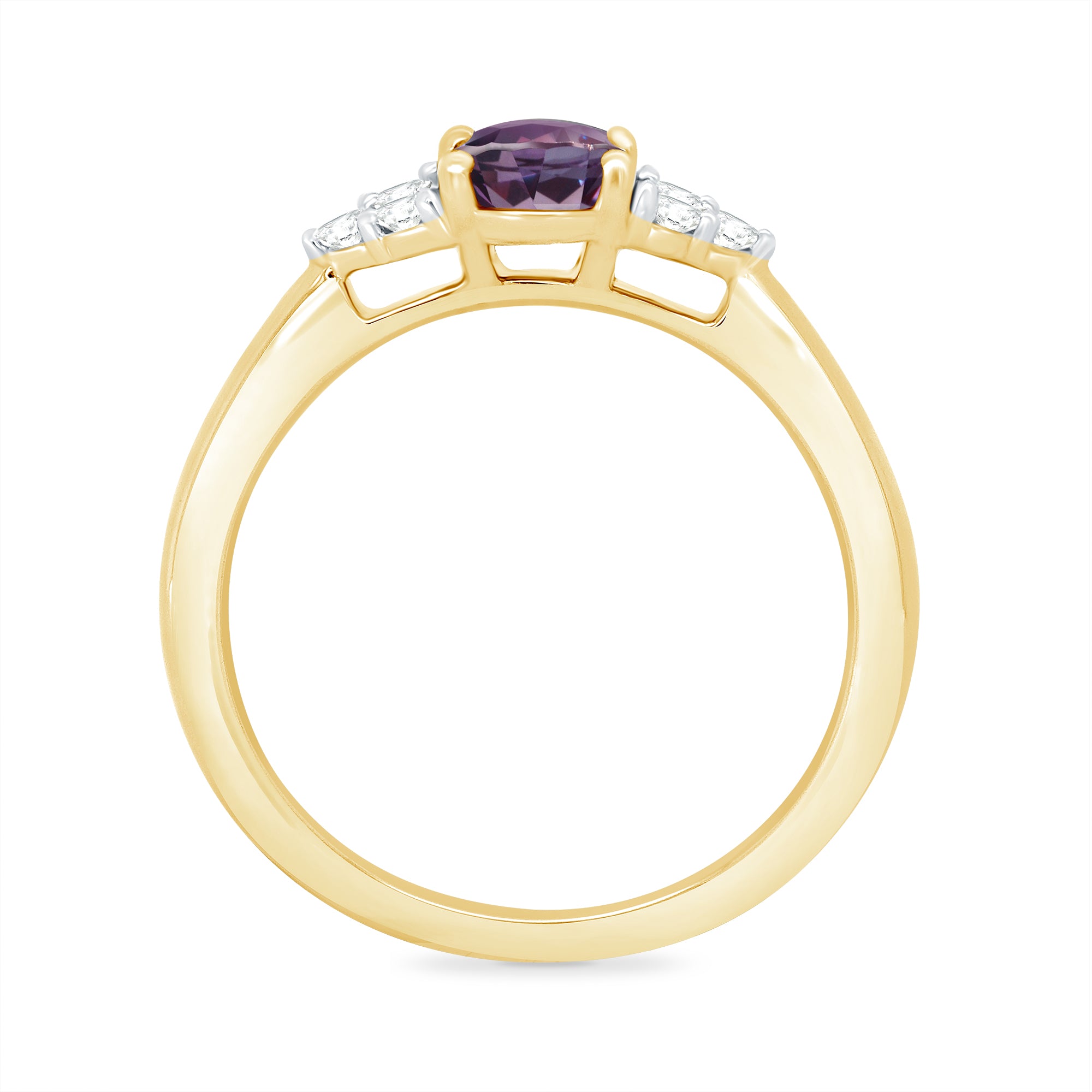 9ct gold 8x6 oval lab created alexandrite & 3 E/VS diamonds each side ring 0.15cts LG