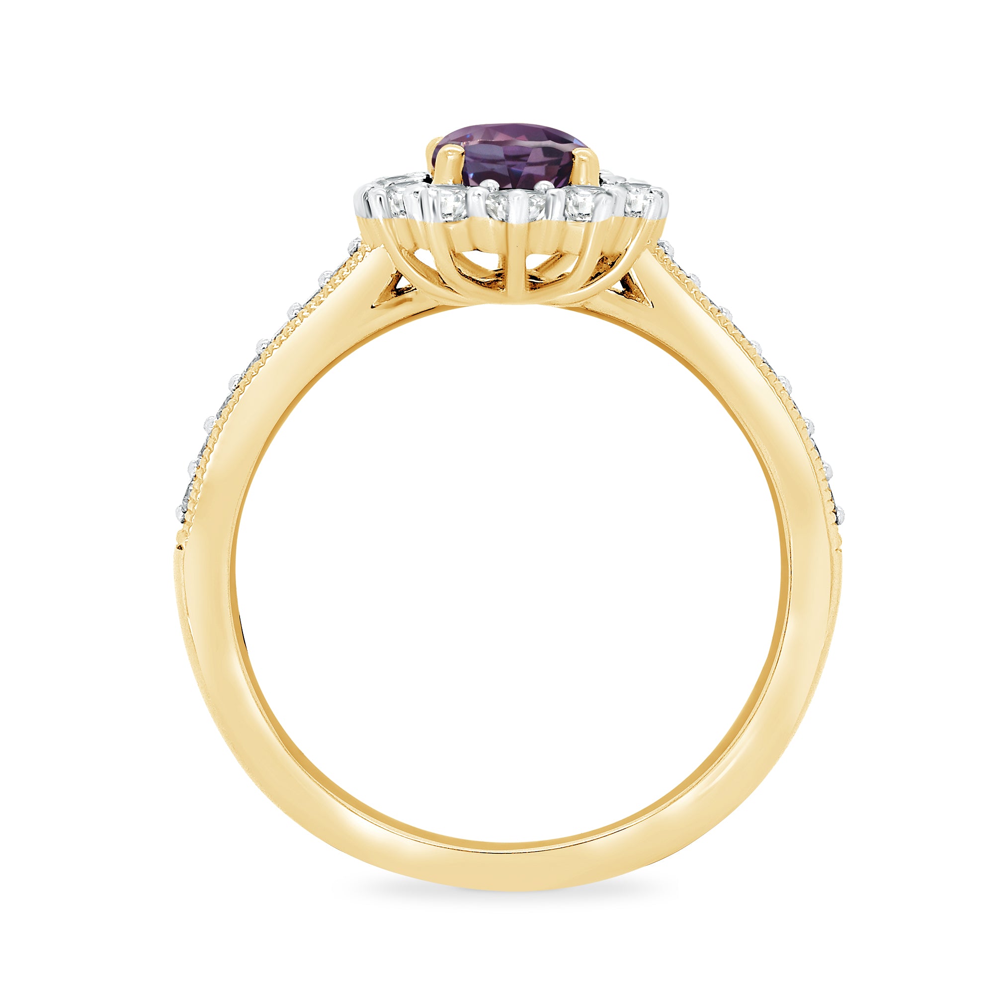 9ct gold 8x6 oval lab created alexandrite & E/VS diamond shoulders cluster ring 0.50cts LG