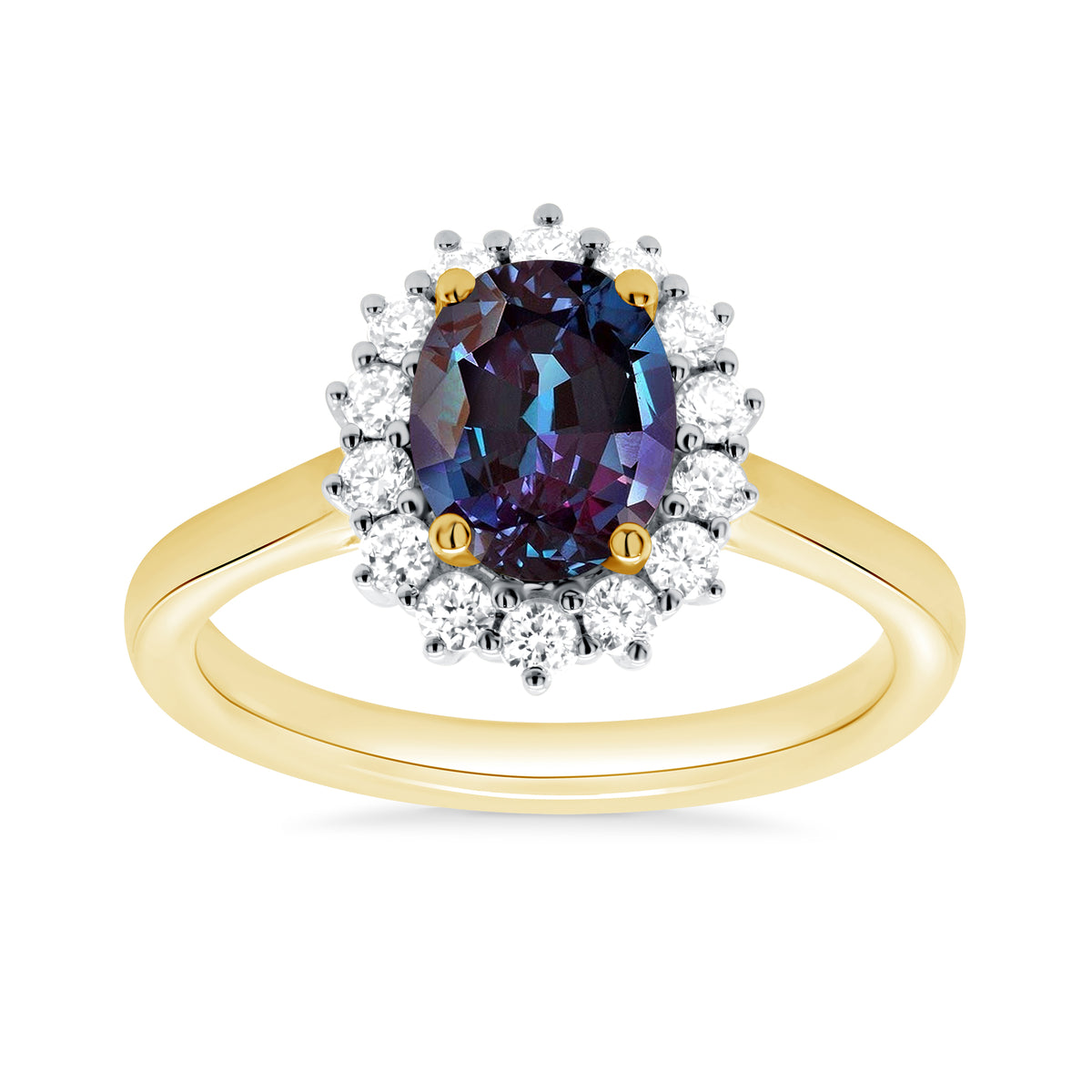 9ct gold 8x6 oval lab created alexandrite &amp; E/VS diamond cluster ring 0.36cts LG