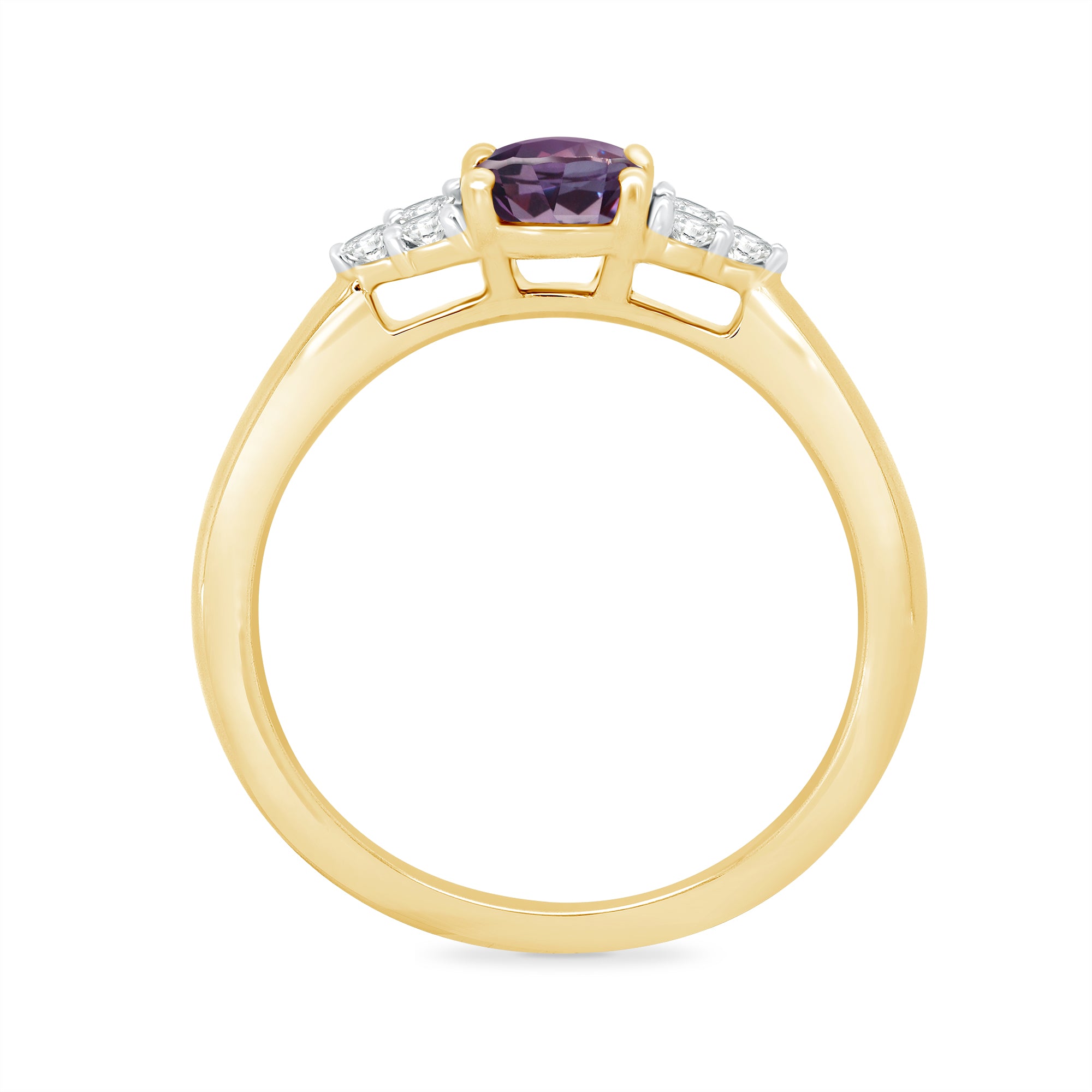 9ct gold 9x7 oval lab created alexandrite & 3 E/VS diamonds each side ring 0.15cts LG