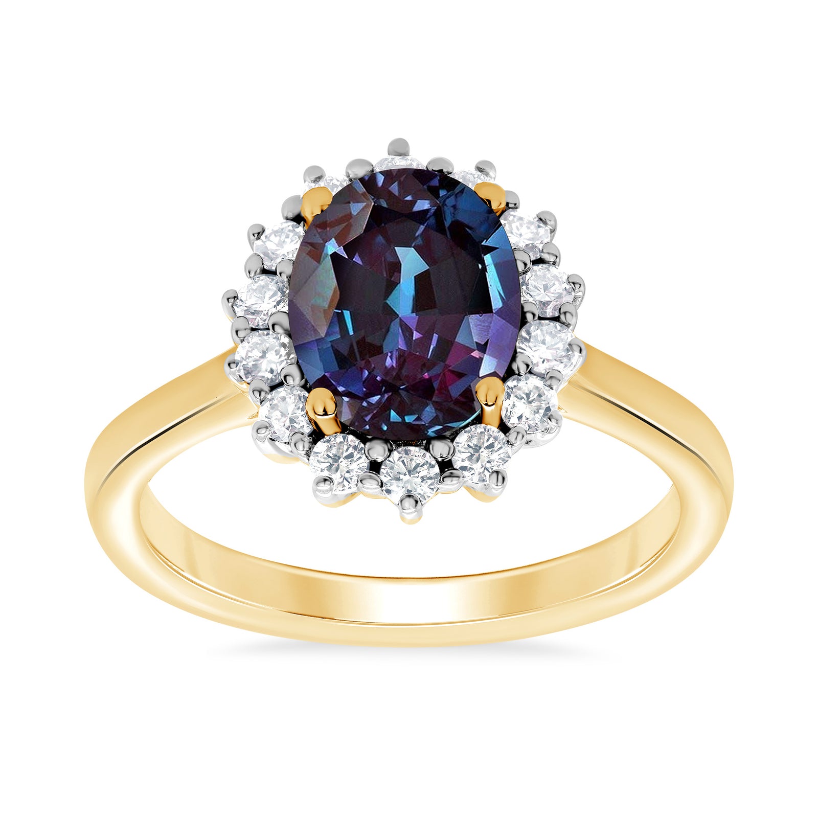 9ct gold 9x7 oval lab created alexandrite & E/VS diamond cluster ring 0.36cts LG