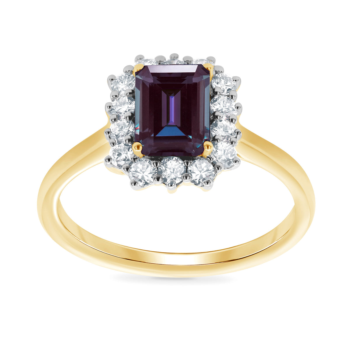 9ct gold 7x5 octagonal lab created alexandrite &amp; E/VS diamond cluster ring 0.36cts LG