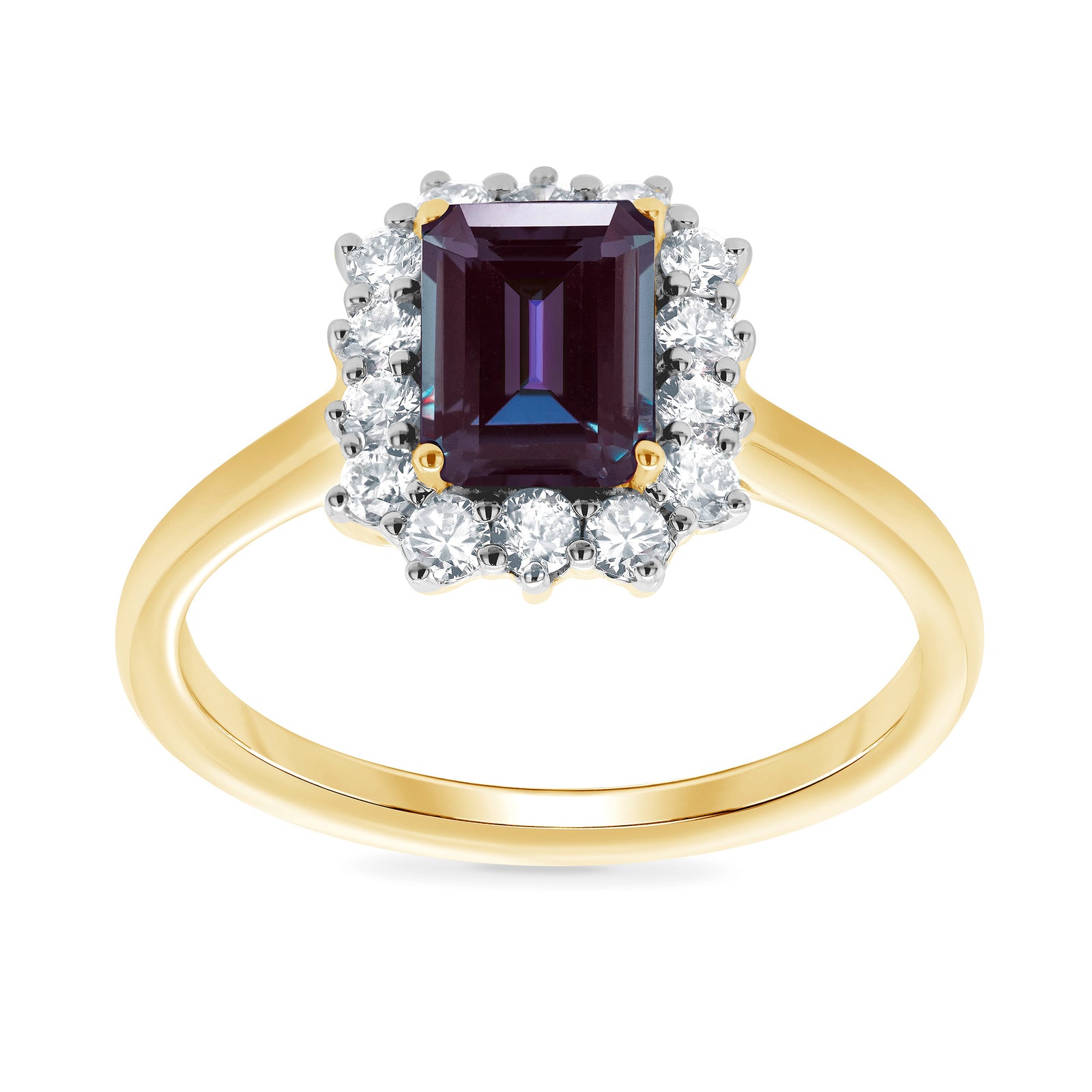 9ct gold 7x5 octagonal lab created alexandrite & E/VS diamond cluster ring 0.36cts LG