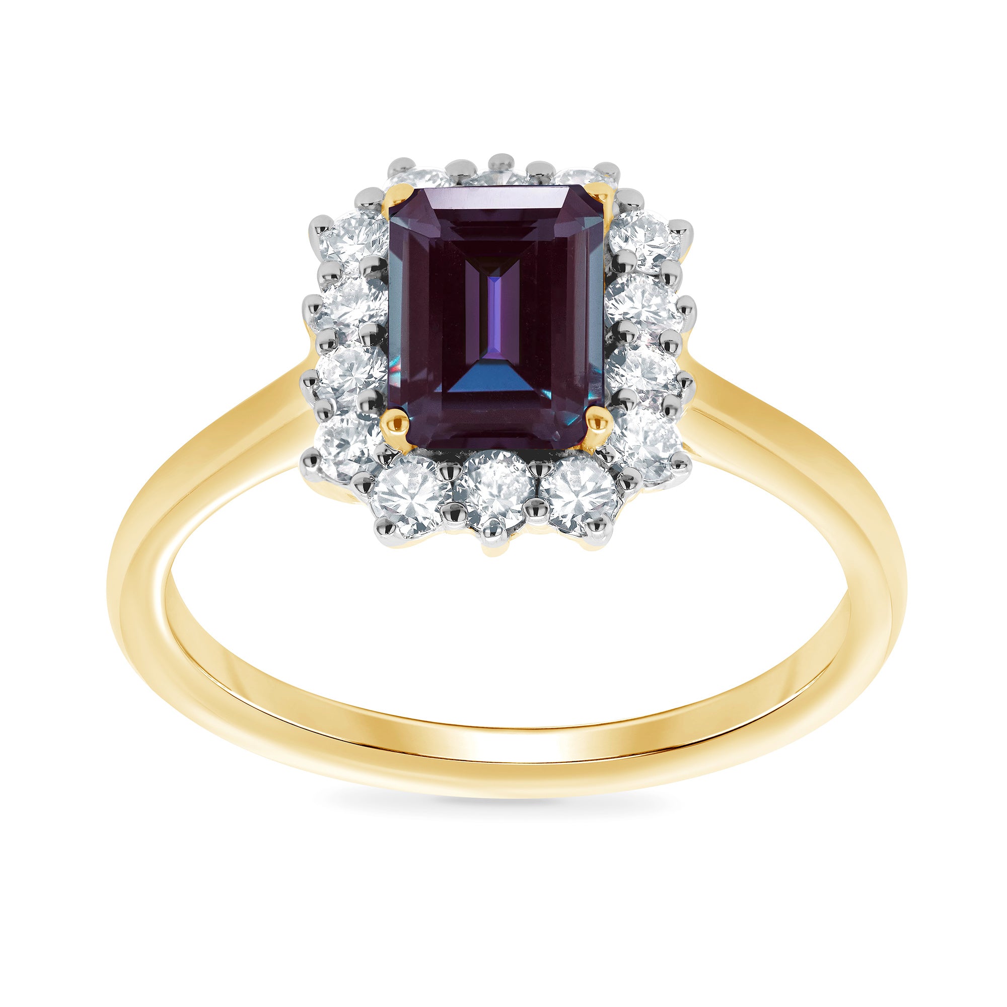 9ct gold 7x5 octagonal lab created alexandrite & E/VS diamond cluster ring 0.36cts LG