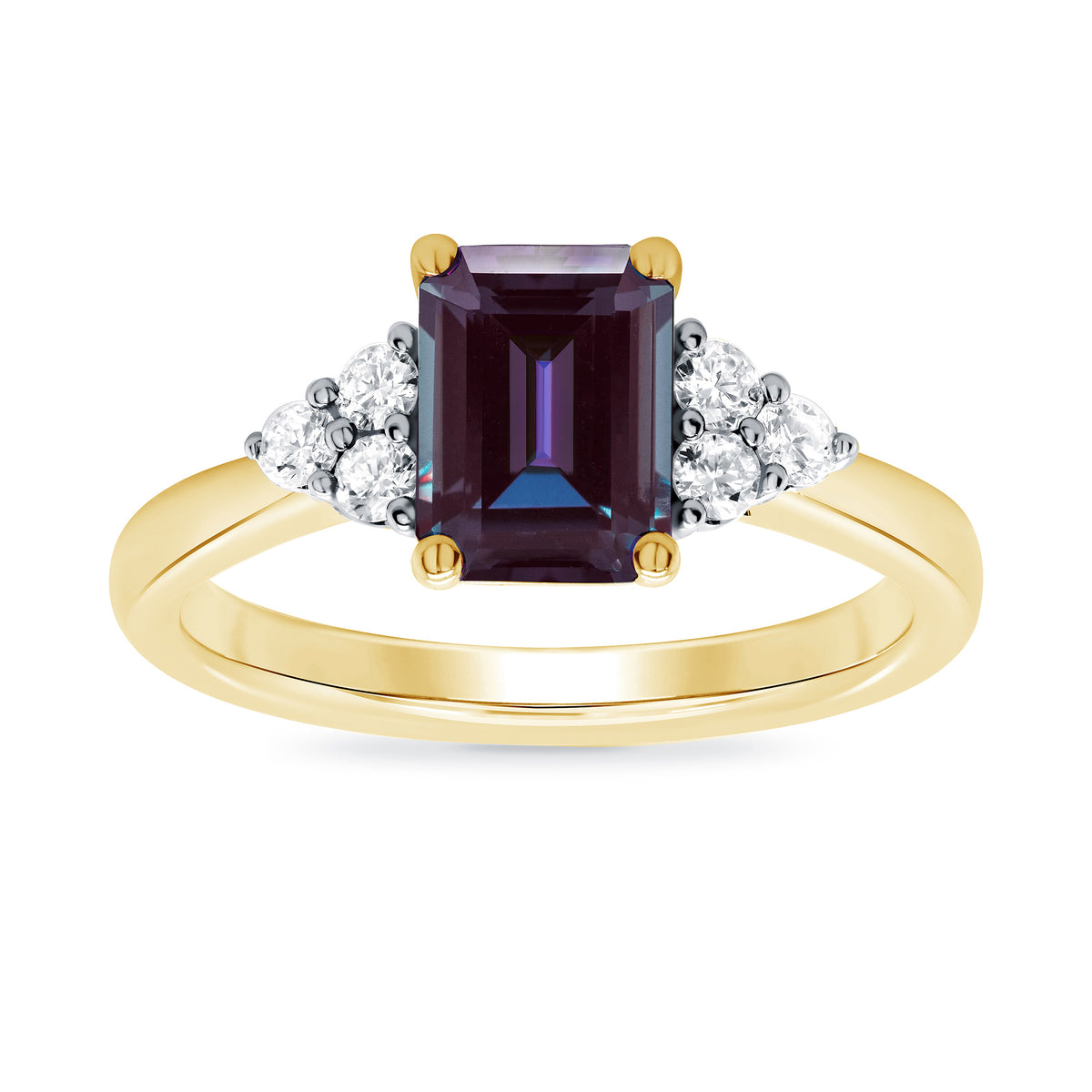 9ct gold 8x6 octagonal lab created alexandrite &amp; 3 E/VS diamonds each side ring 0.15cts LG