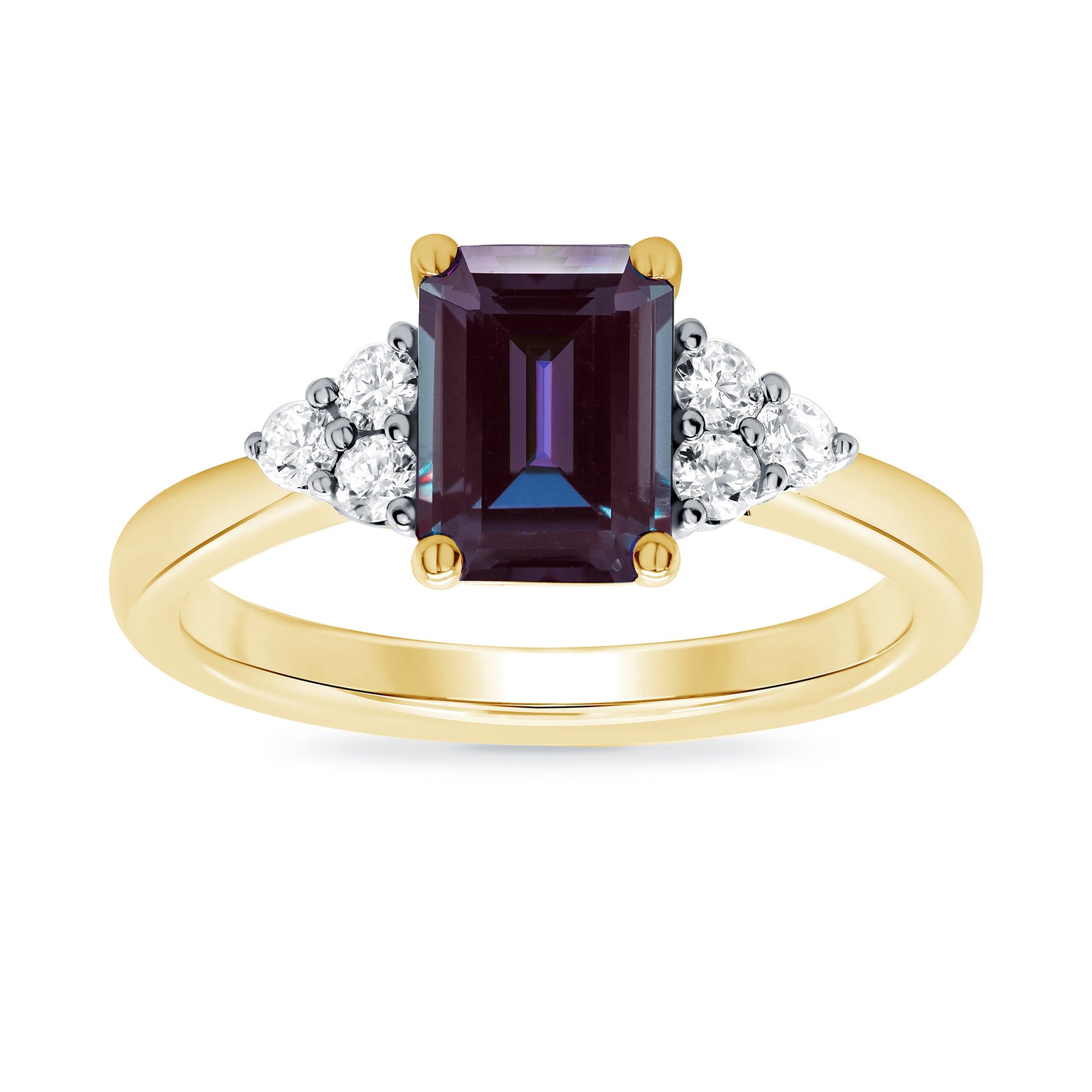9ct gold 8x6 octagonal lab created alexandrite & 3 E/VS diamonds each side ring 0.15cts LG