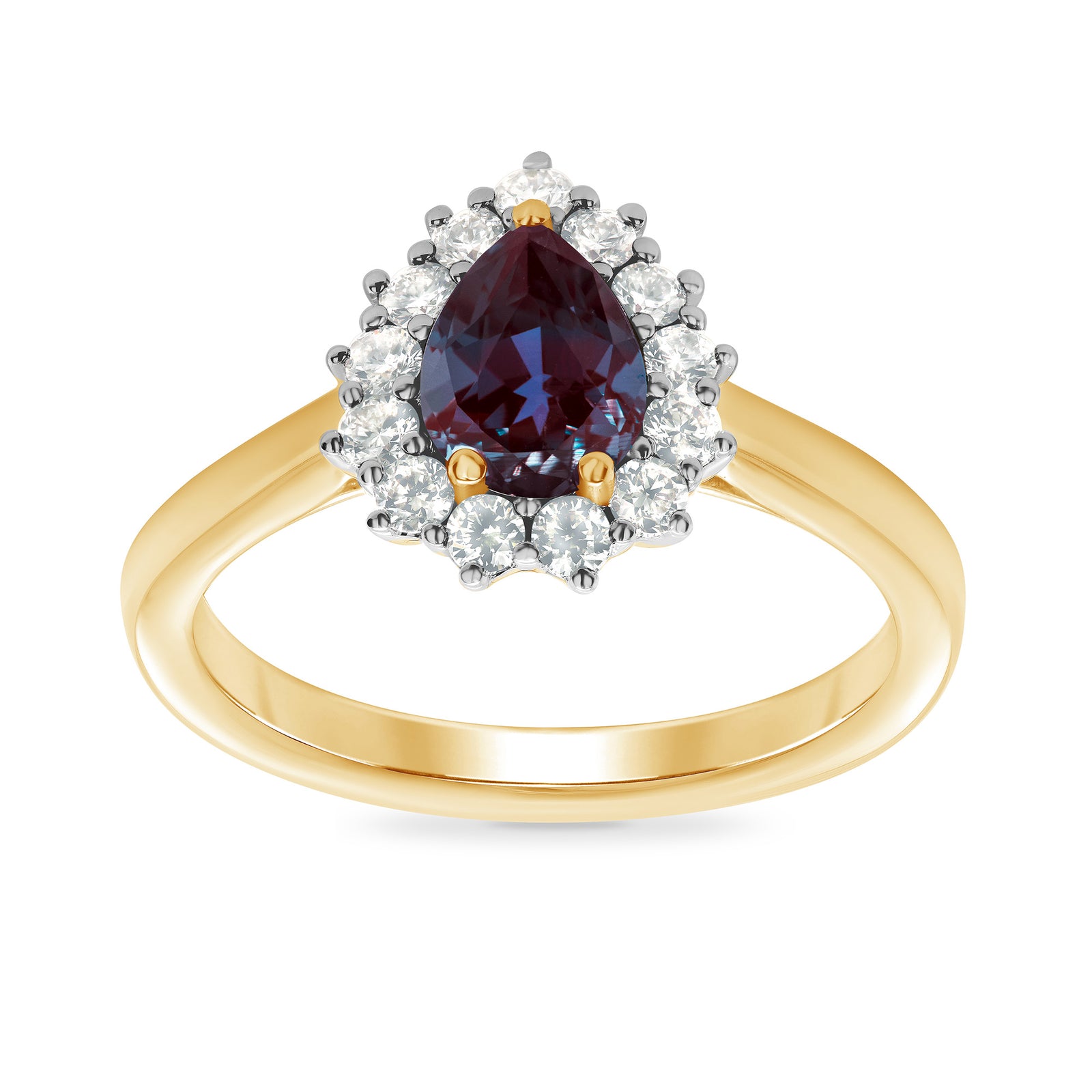 9ct gold 7x5 pear lab created alexandrite & E/VS diamond cluster ring 0.33cts LG