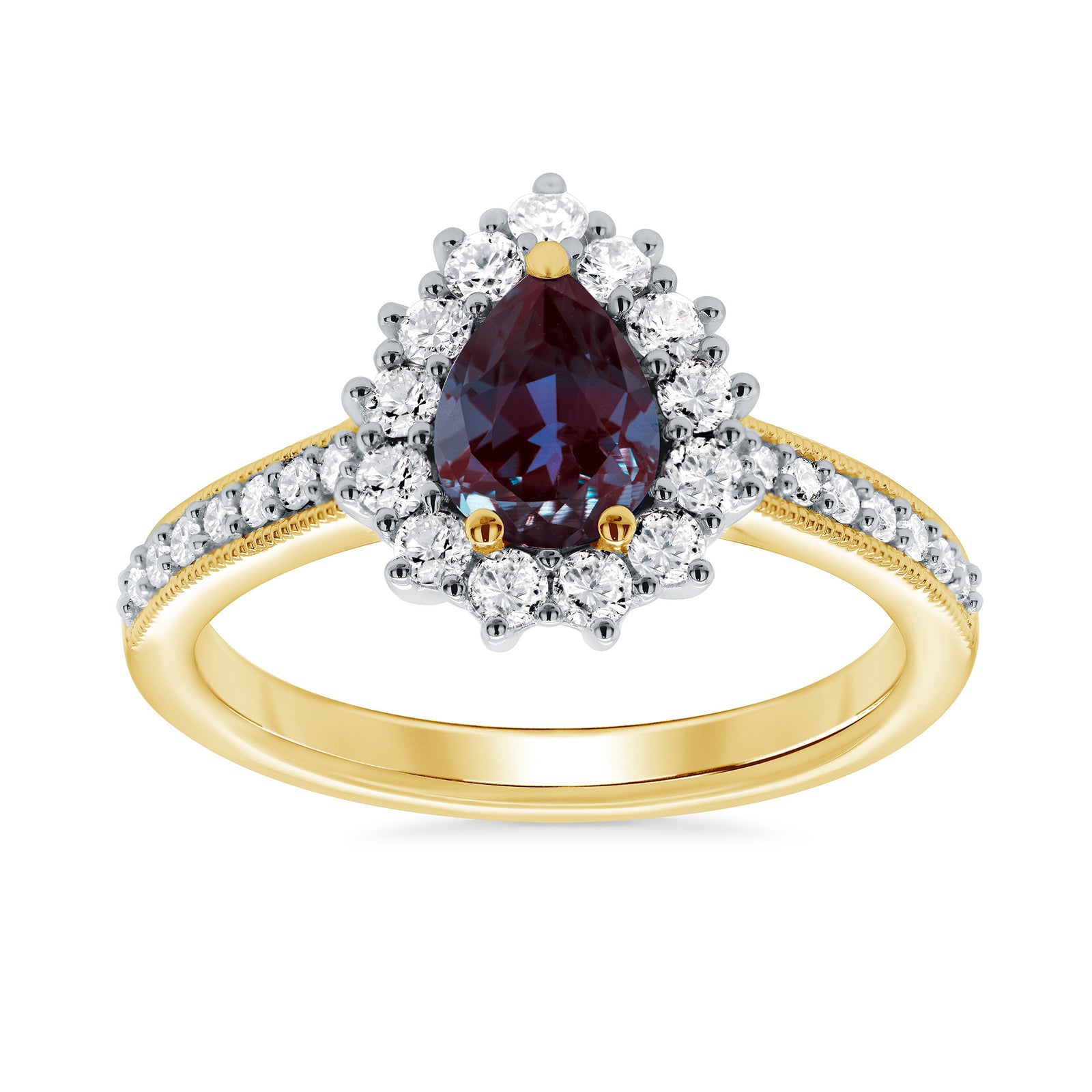 9ct gold 7x5 pear lab created alexandrite & E/VS diamond shoulders cluster ring 0.50cts LG