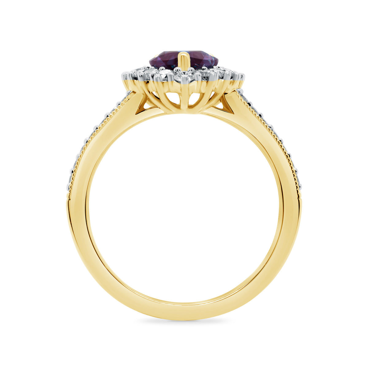 9ct gold 7x5 pear lab created alexandrite & E/VS diamond shoulders cluster ring 0.50cts LG