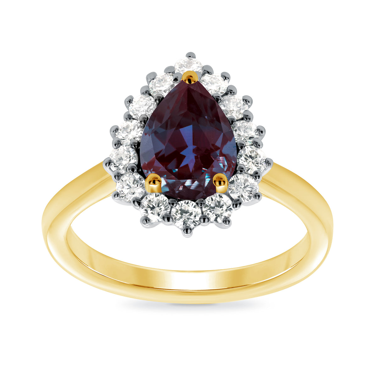 9ct gold 8x6 pear lab created alexandrite &amp; E/VS diamond cluster ring 0.36cts LG