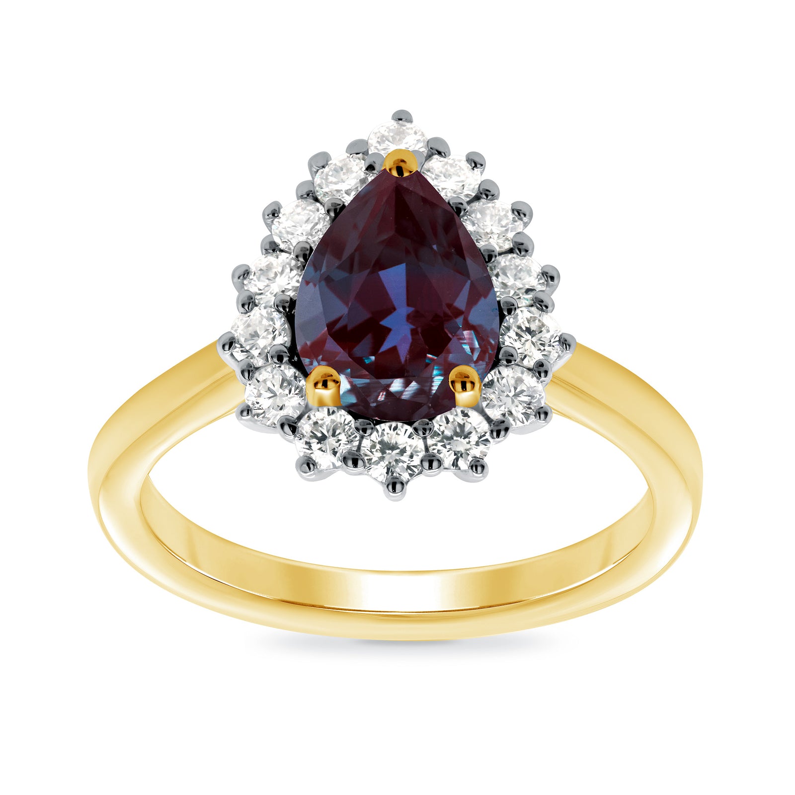 9ct gold 8x6 pear lab created alexandrite & E/VS diamond cluster ring 0.36cts LG