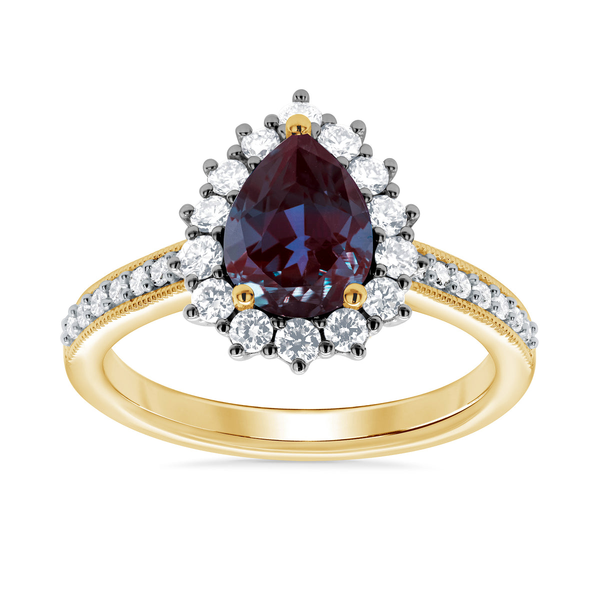 9ct gold 8x6 pear lab created alexandrite &amp; E/VS diamond shoulders cluster ring 0.50cts LG