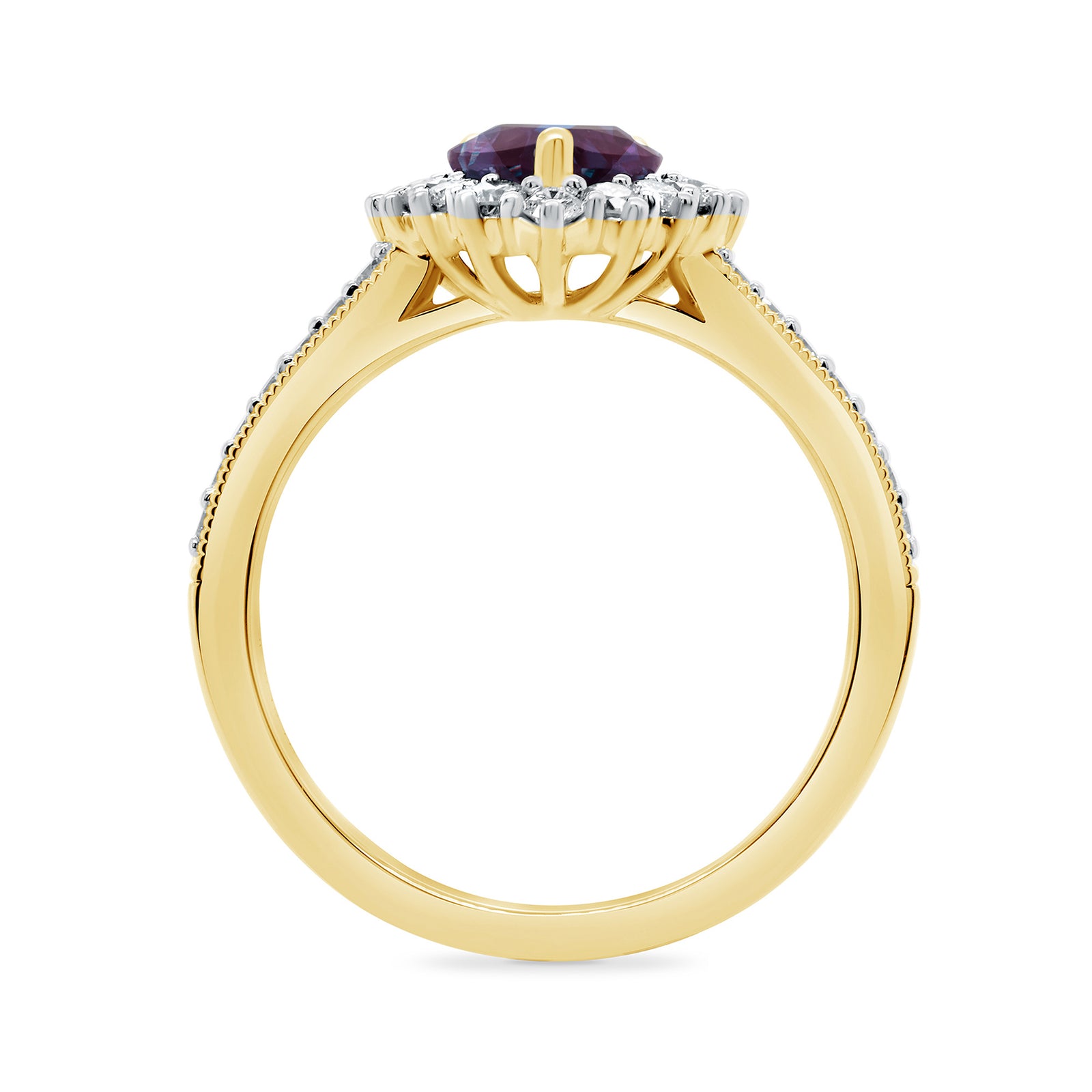 9ct gold 8x6 pear lab created alexandrite & E/VS diamond shoulders cluster ring 0.50cts LG