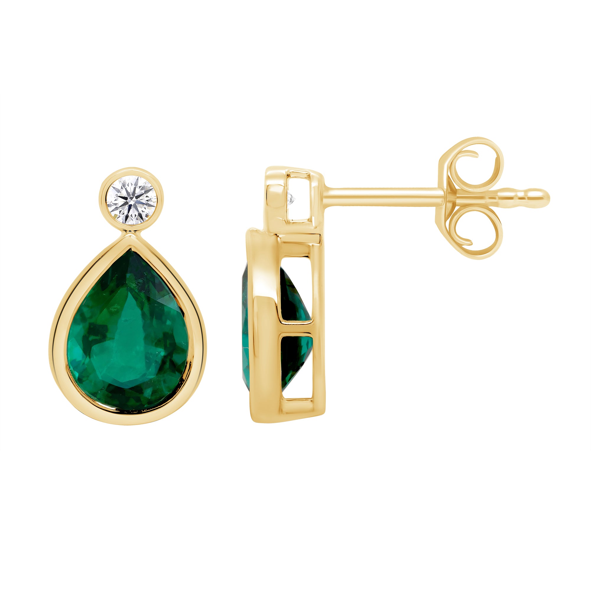 9ct gold Lab Created Emerald 8x6mm pear & E/VS Diamonds rub over earrings 0.10cts LG