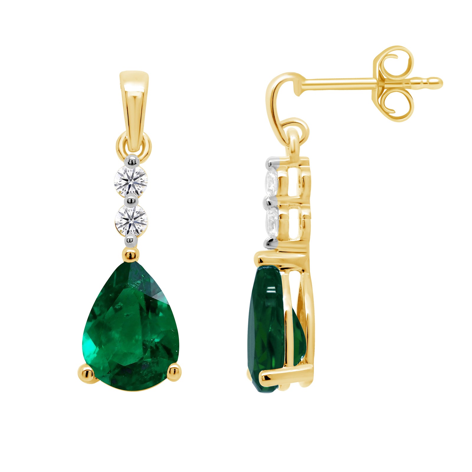 9ct gold 7x5mm Pear Lab Created Emerald & E/VS Diamond 0.08cts LG Earrings