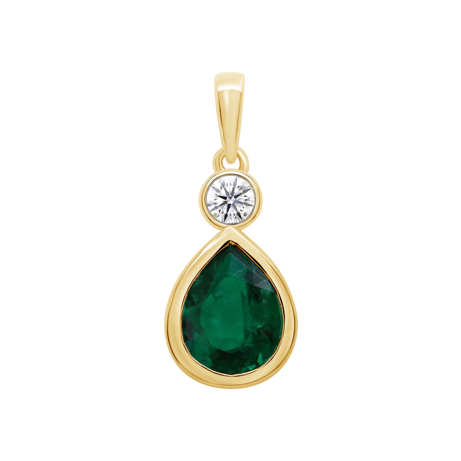 9ct gold Lab Created Emerald 9x7mm pear & E/VS Diamonds rub over pendant 0.11cts LG
