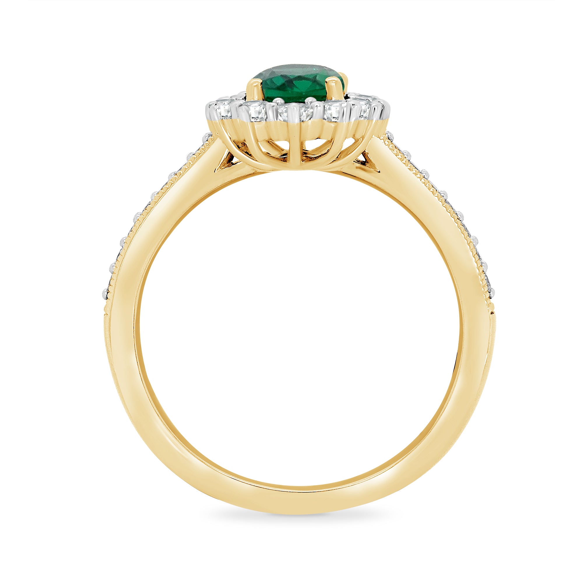 9ct gold 7x5 oval lab created emerald & E/VS diamond shoulders cluster ring 0.50cts LG