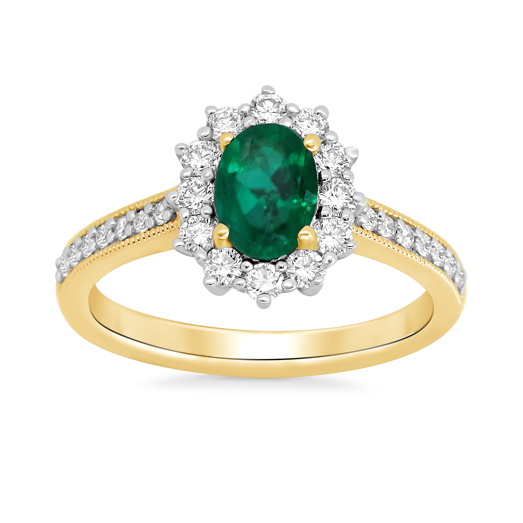 9ct gold 7x5 oval lab created emerald & E/VS diamond shoulders cluster ring 0.50cts LG