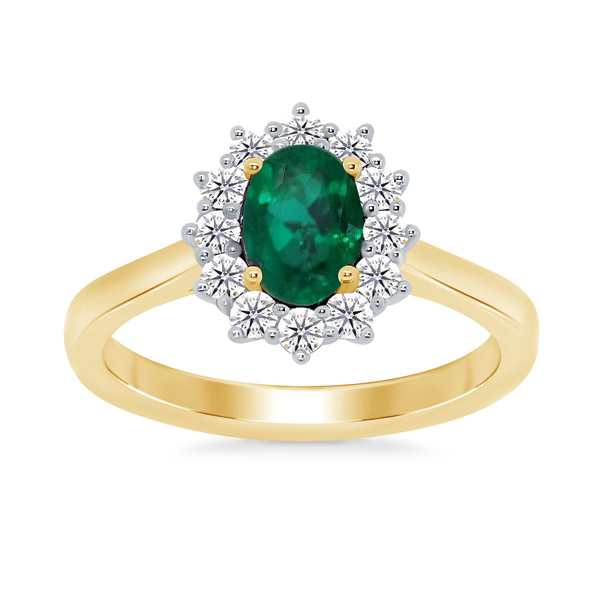 9ct gold 7x5 oval lab created emerald &amp; E/VS diamond cluster ring 0.33cts LG