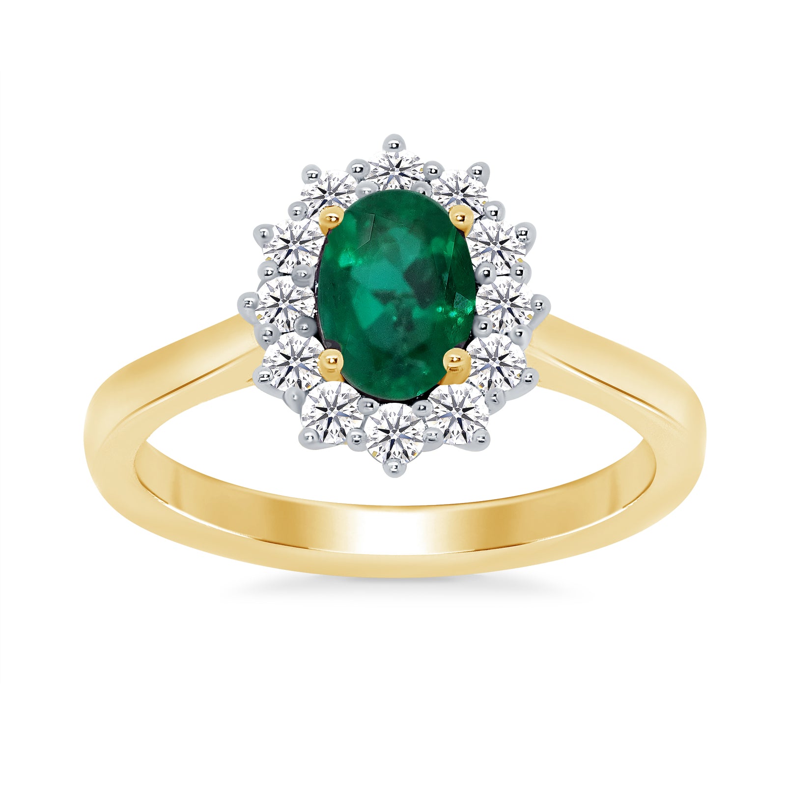 9ct gold 7x5 oval lab created emerald & E/VS diamond cluster ring 0.33cts LG