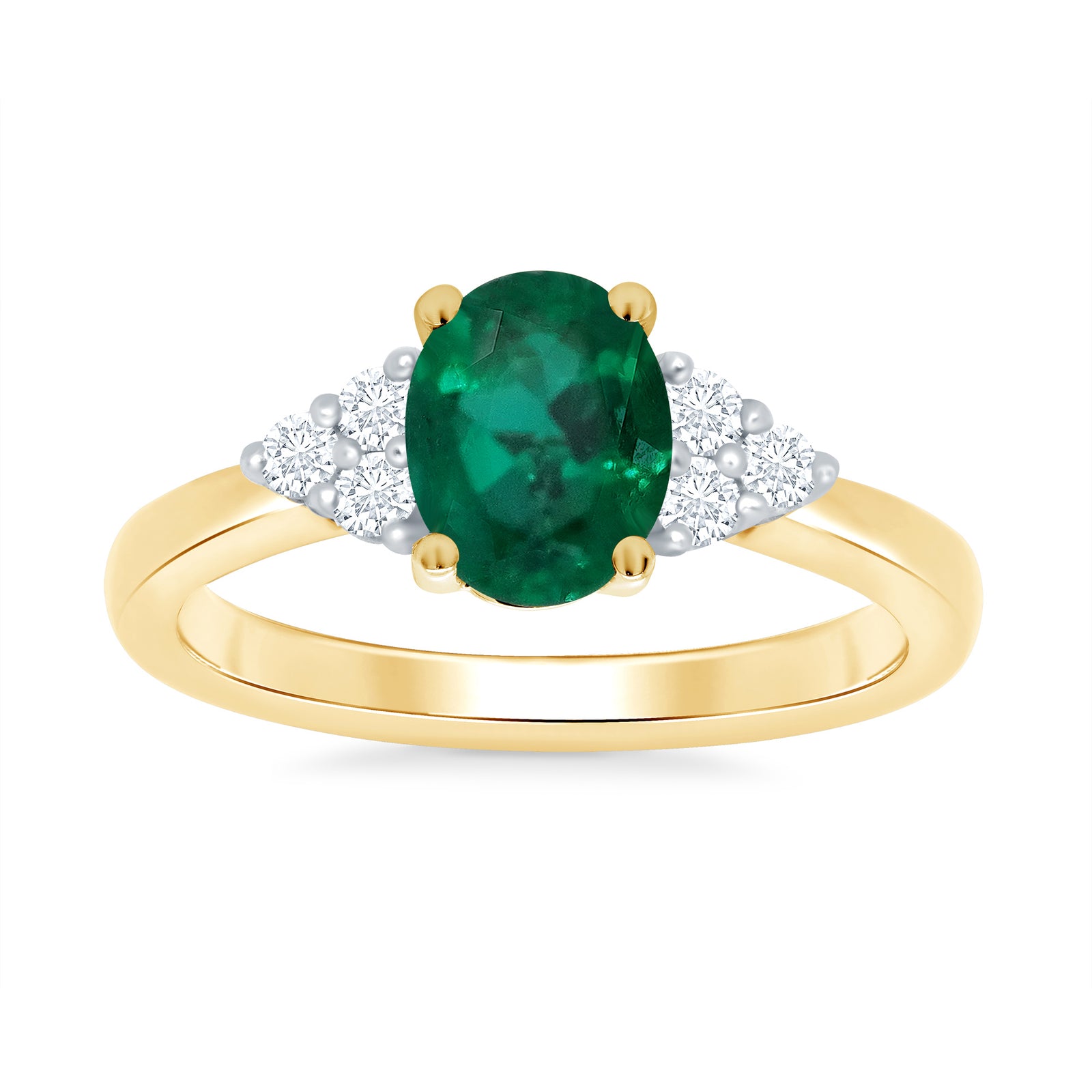 9ct gold 8x6 oval lab created Emerald & 3 E/VS diamonds each side ring 0.15cts LG