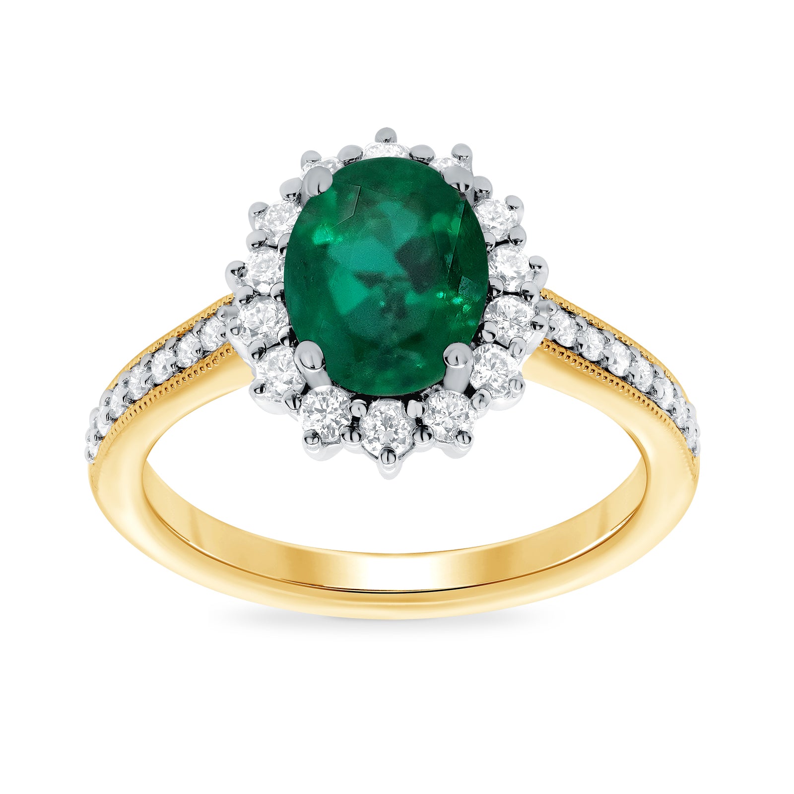 9ct gold 8x6 oval lab created emerald & E/VS diamond shoulders cluster ring 0.50cts LG