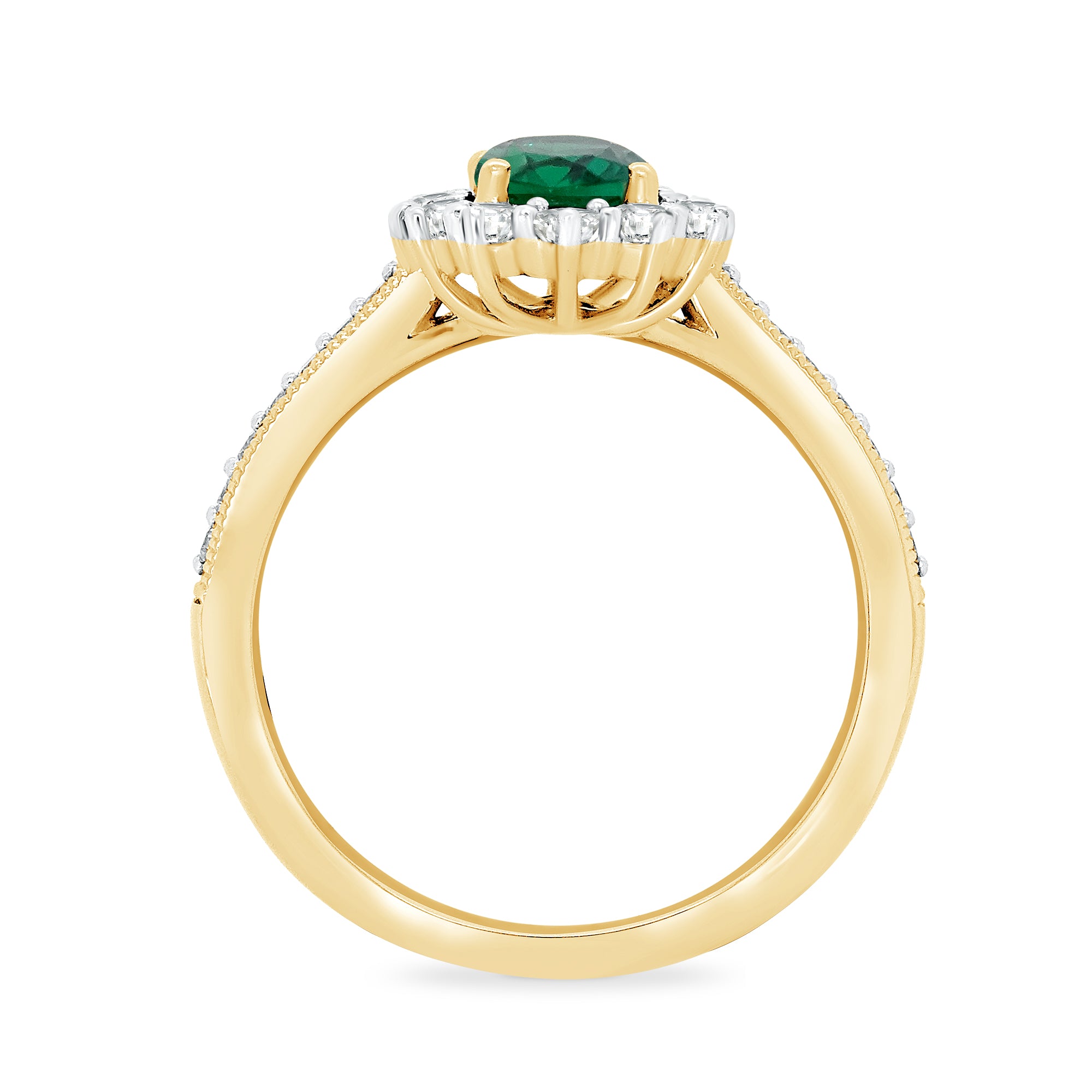 9ct gold 8x6 oval lab created emerald & E/VS diamond shoulders cluster ring 0.50cts LG