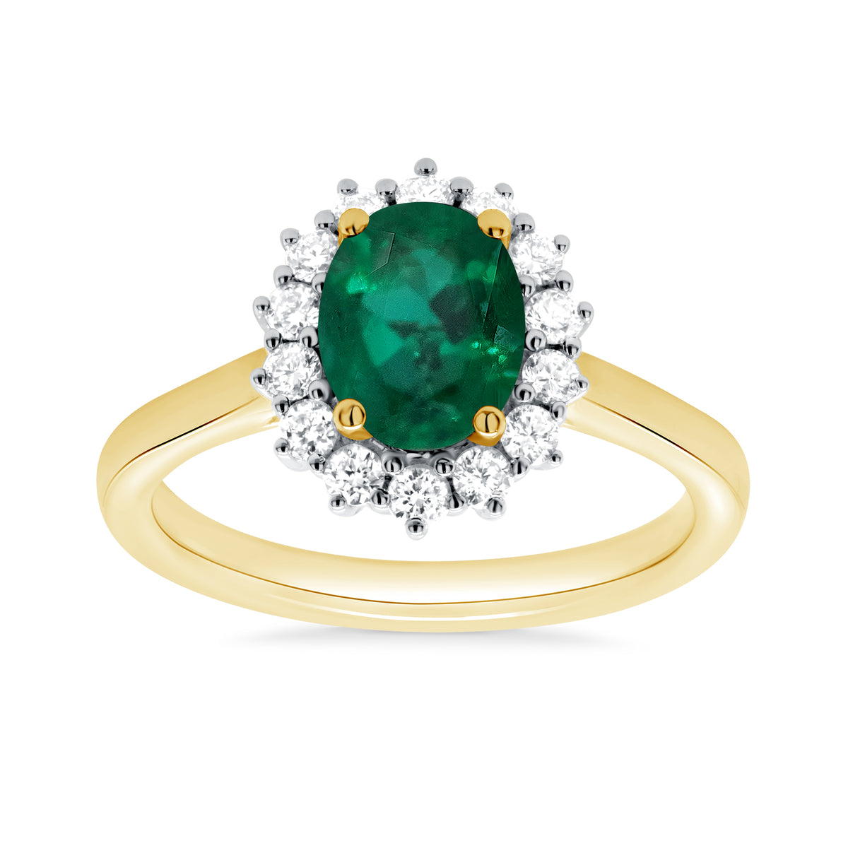 9ct gold 8x6 oval lab created emerald &amp; E/VS diamond cluster ring 0.36cts LG