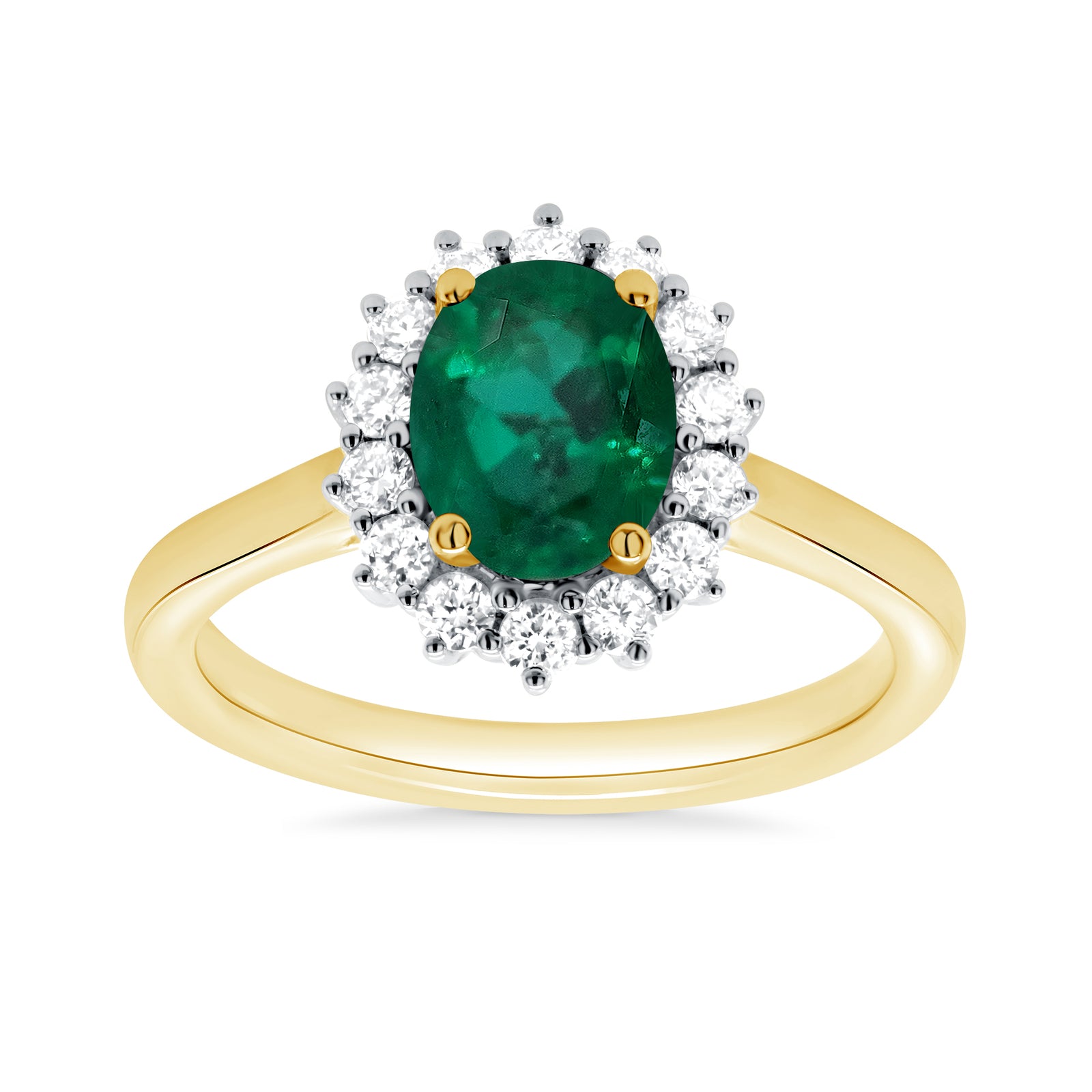 9ct gold 8x6 oval lab created emerald & E/VS diamond cluster ring 0.36cts LG
