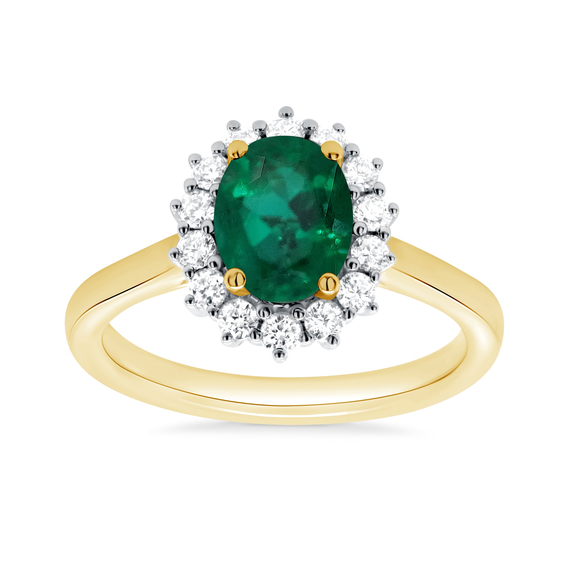 9ct gold 8x6 oval lab created emerald & E/VS diamond cluster ring 0.36cts LG