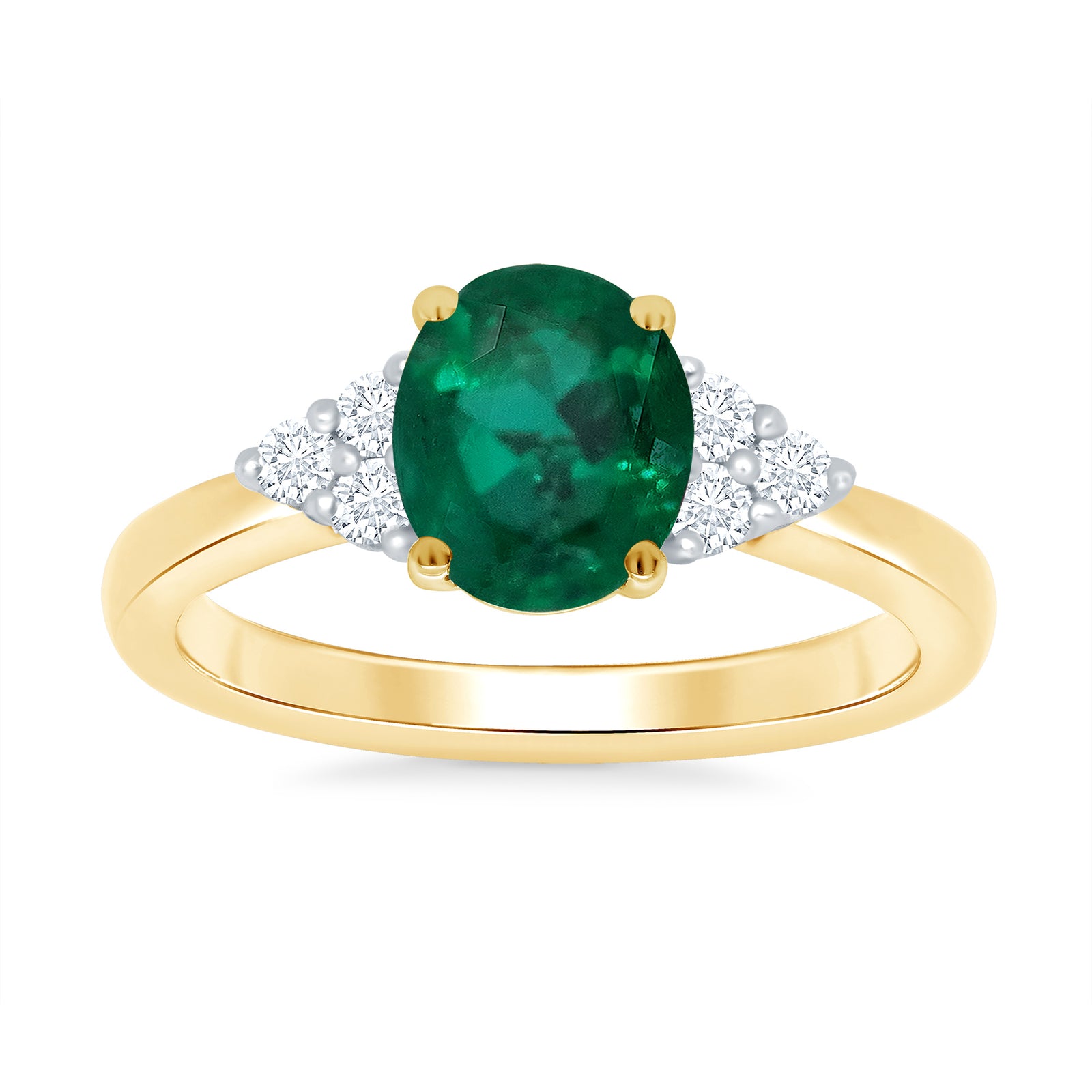 9ct gold 9x7 oval lab created Emerald & 3 E/VS diamonds each side ring 0.15cts LG