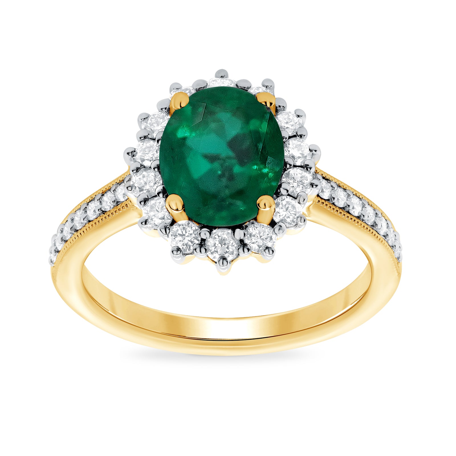 9ct gold 9x7 oval lab created emerald & E/VS diamond shoulders cluster ring 0.50cts LG