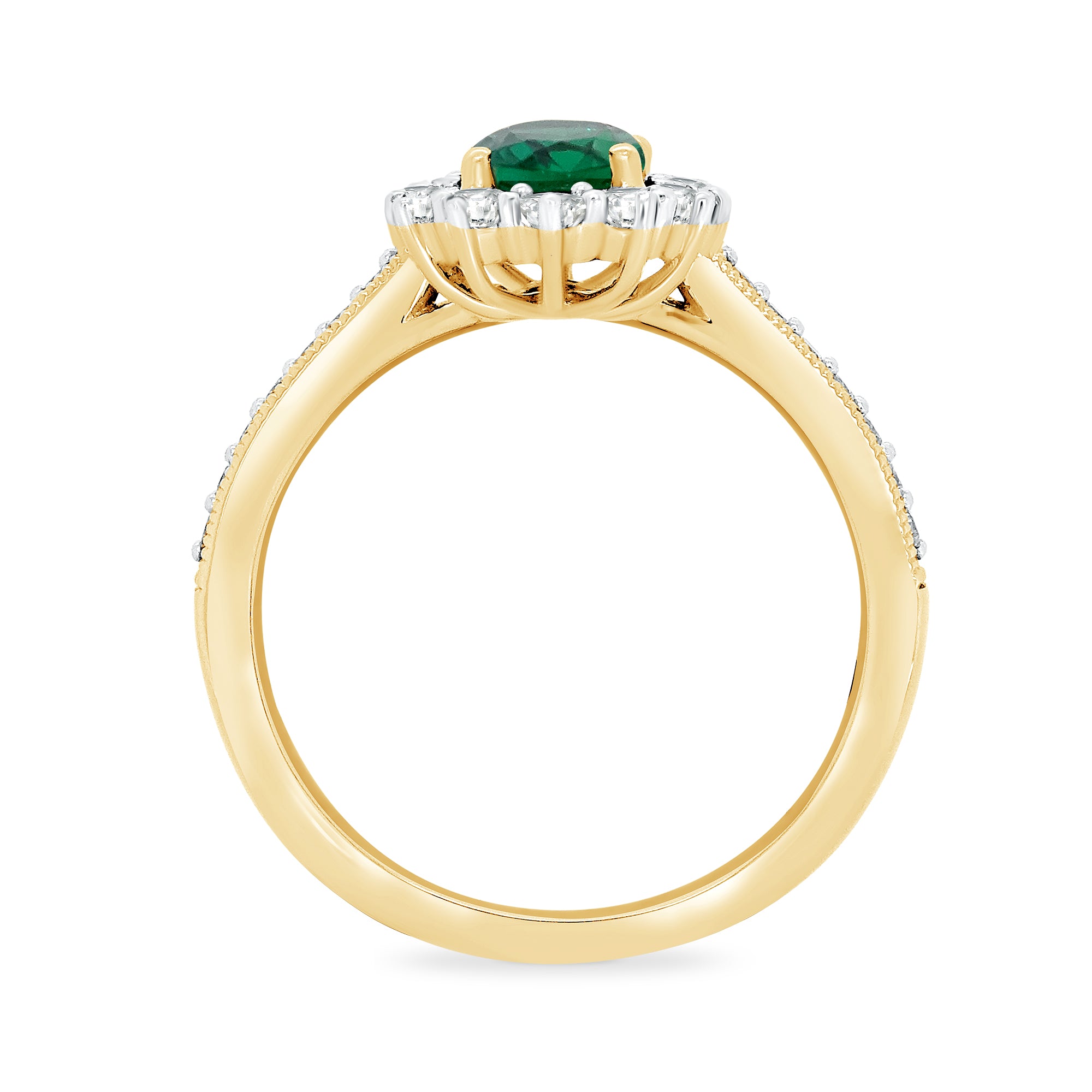 9ct gold 9x7 oval lab created emerald & E/VS diamond shoulders cluster ring 0.50cts LG