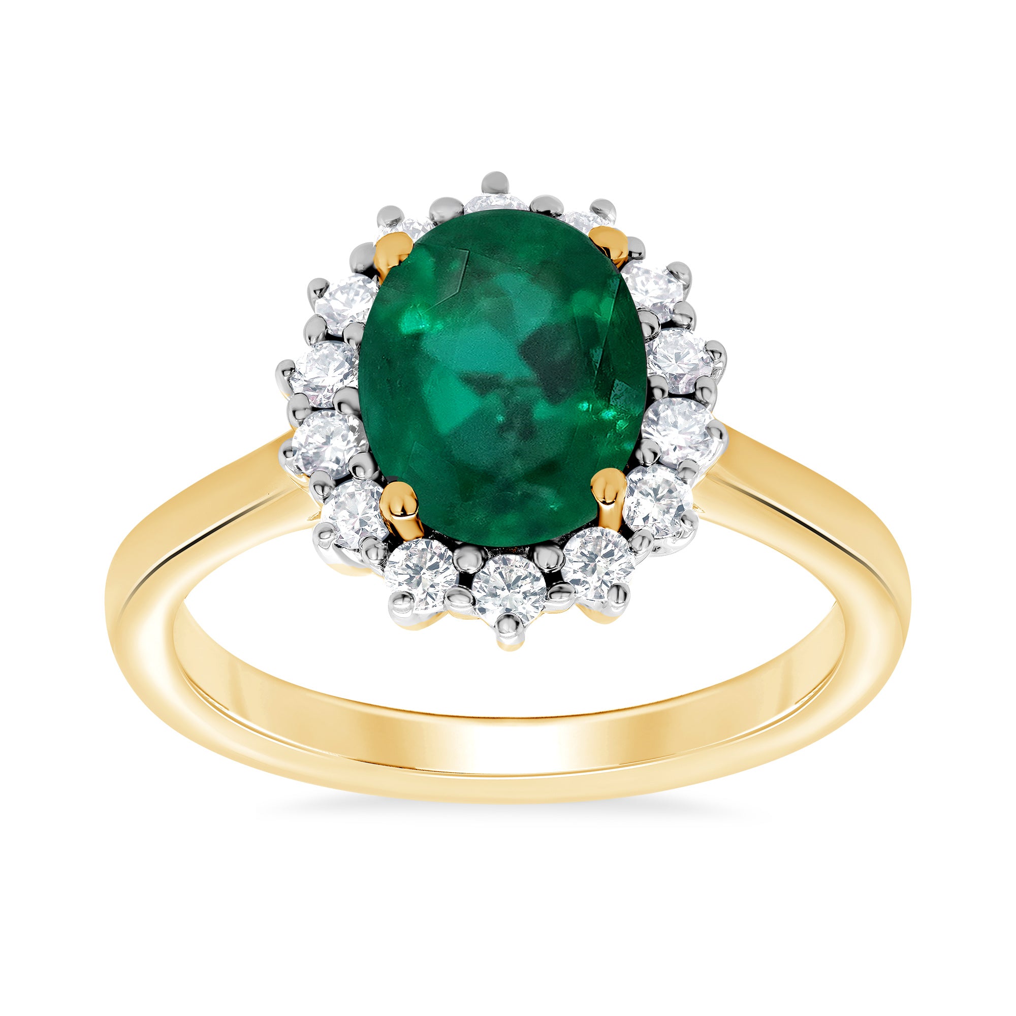 9ct gold 9x7 oval lab created emerald & E/VS diamond cluster ring 0.36cts LG