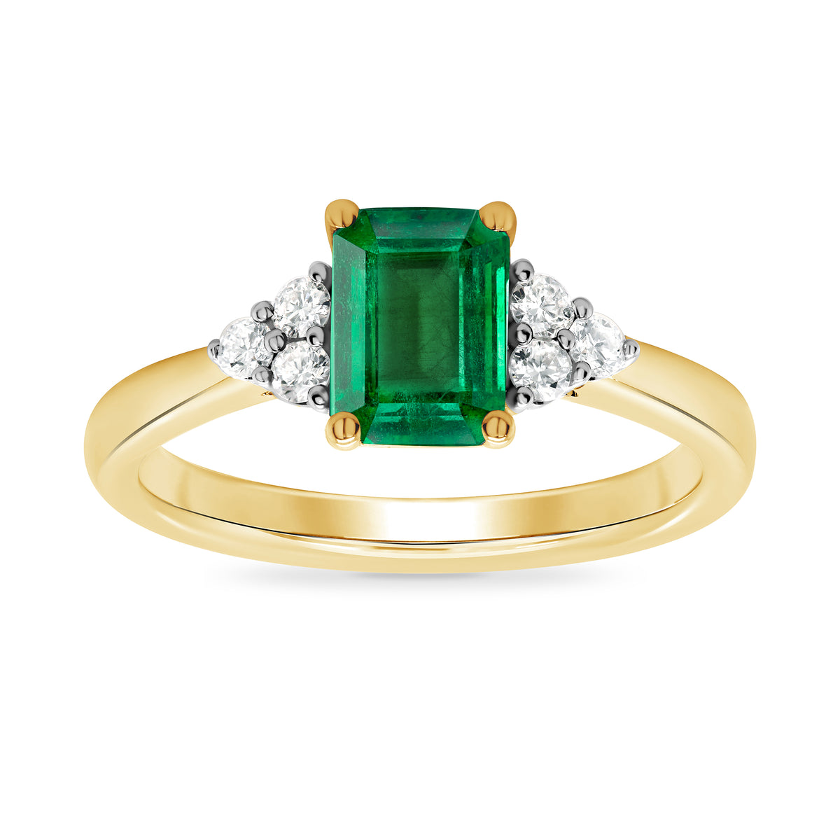 9ct gold 7x5 octagonal lab created Emerald &amp; 3 E/VS diamonds each side ring 0.15cts LG