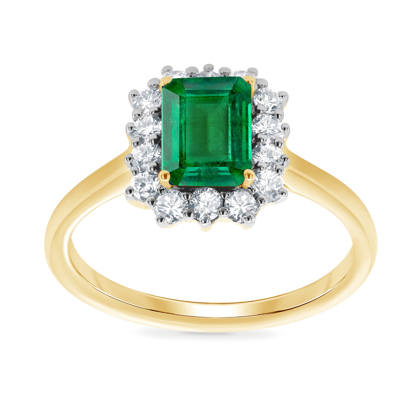 9ct gold 7x5 octagonal lab created emerald & E/VS diamond cluster ring 0.36cts LG