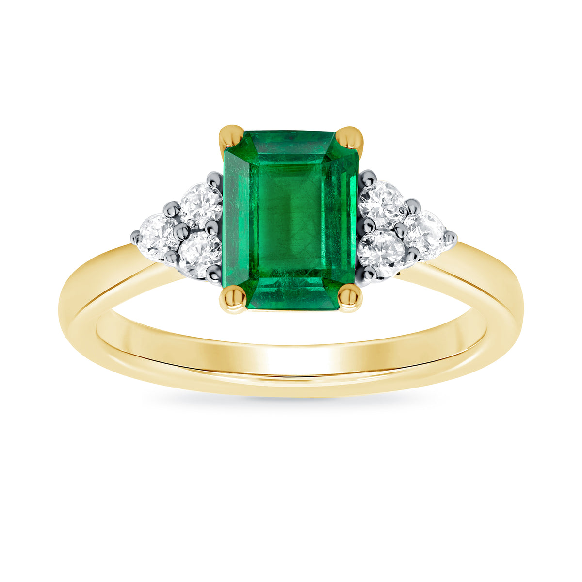 9ct gold 8x6 octagonal lab created Emerald &amp; 3 E/VS diamonds each side ring 0.15cts LG