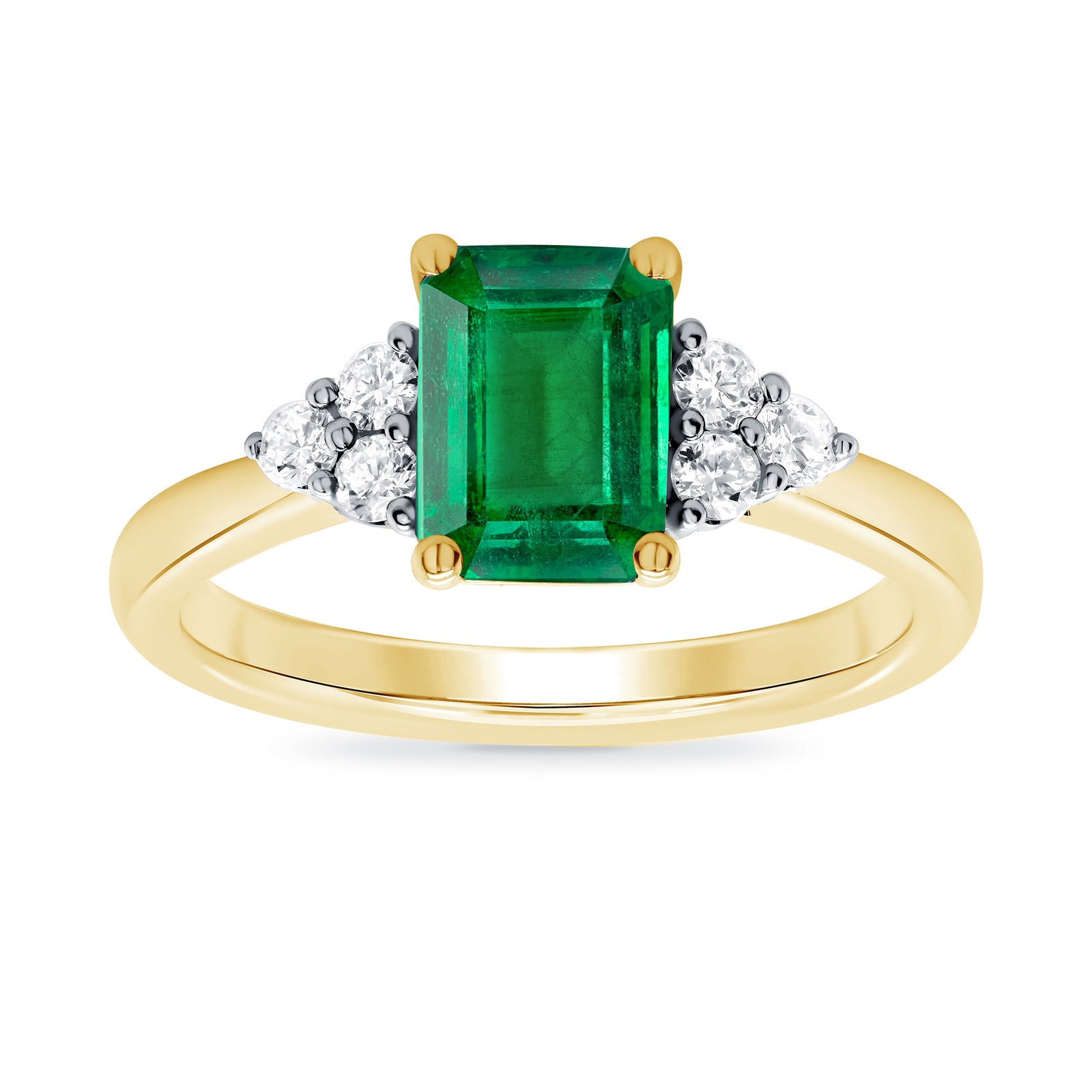 9ct gold 8x6 octagonal lab created Emerald & 3 E/VS diamonds each side ring 0.15cts LG